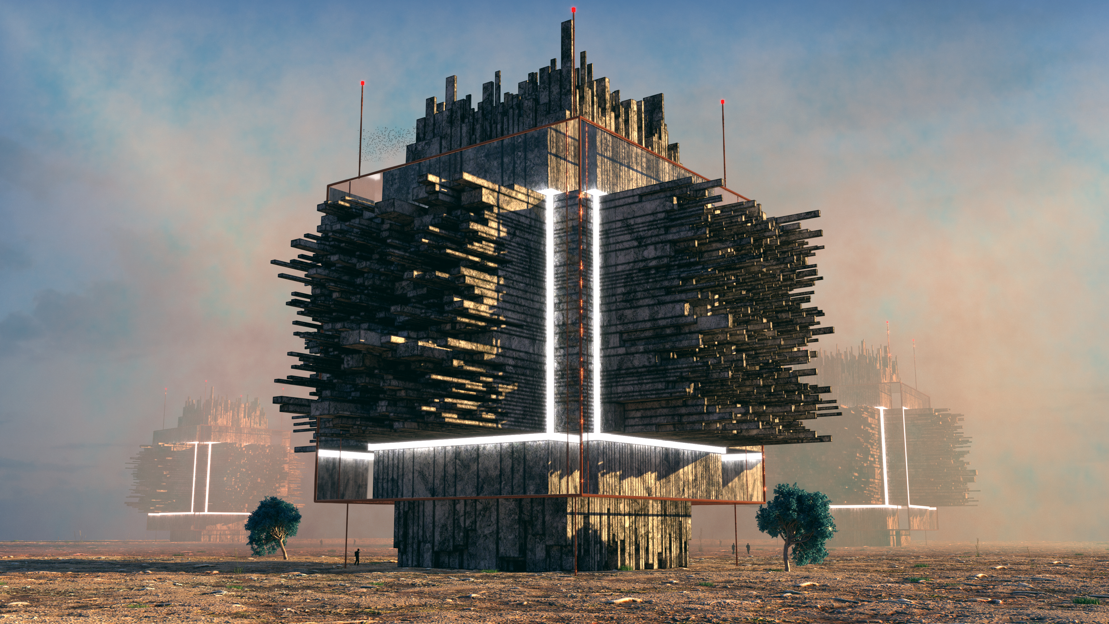Futuristic structures in a dystopian landscape HD Wallpaper
