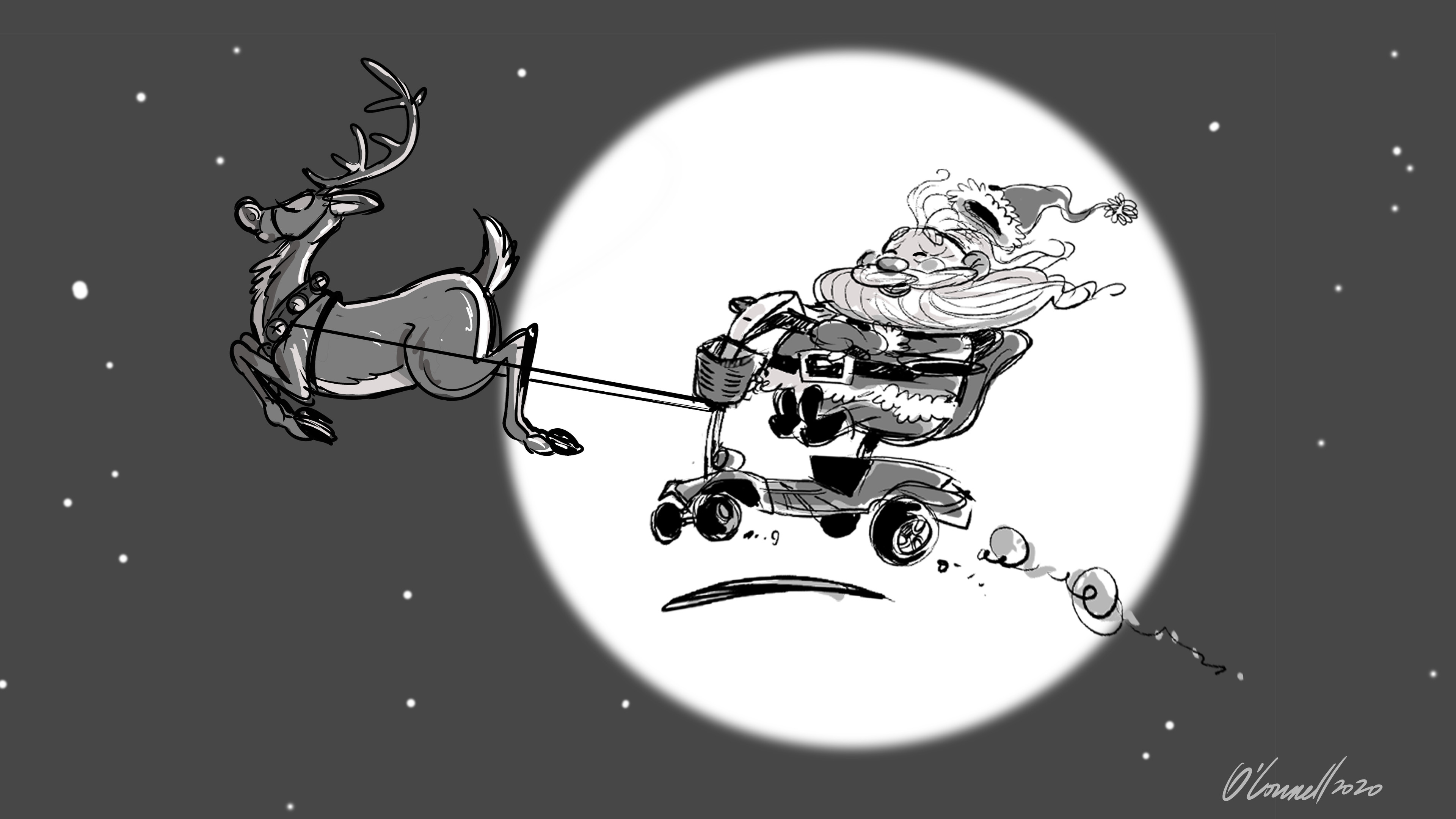 Santa Claus riding a mobility scooter pulled by a reindeer HD Wallpaper