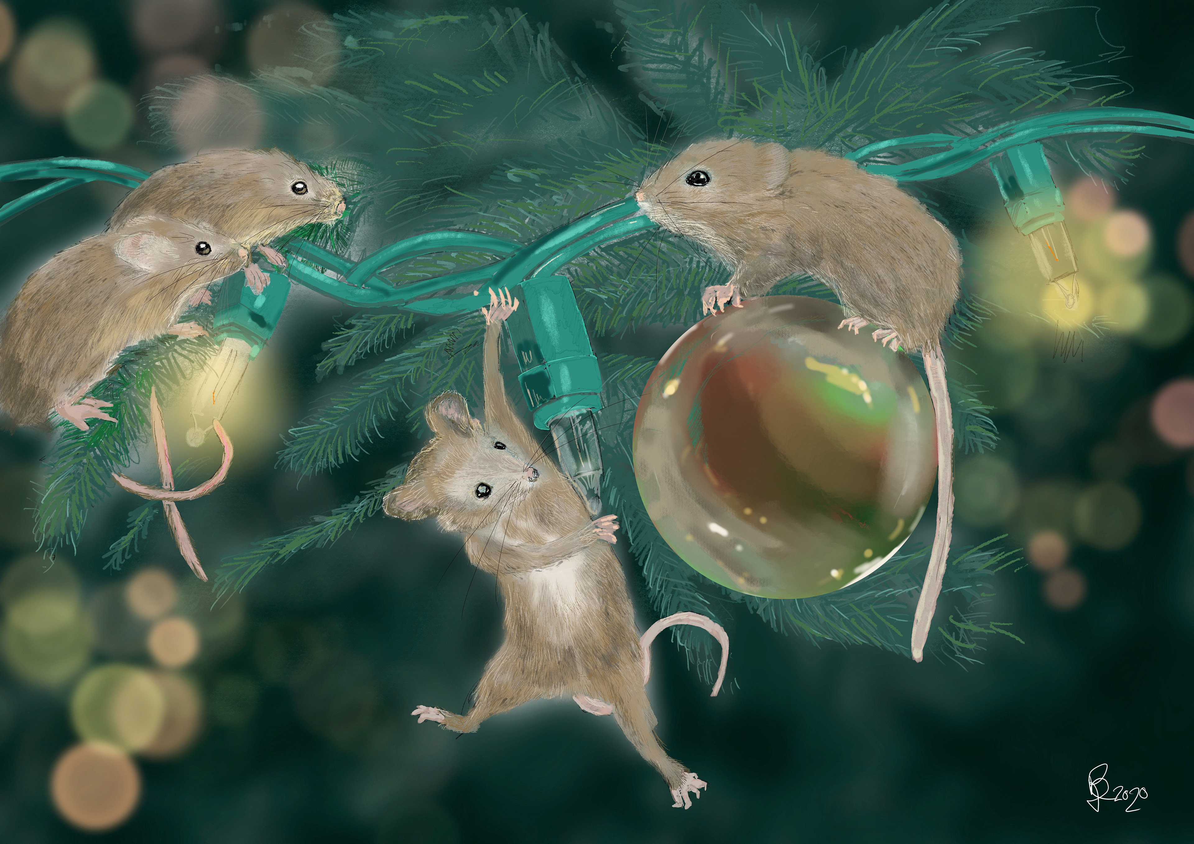 Mice on a Christmas Tree with Lights and Ornaments HD Wallpaper