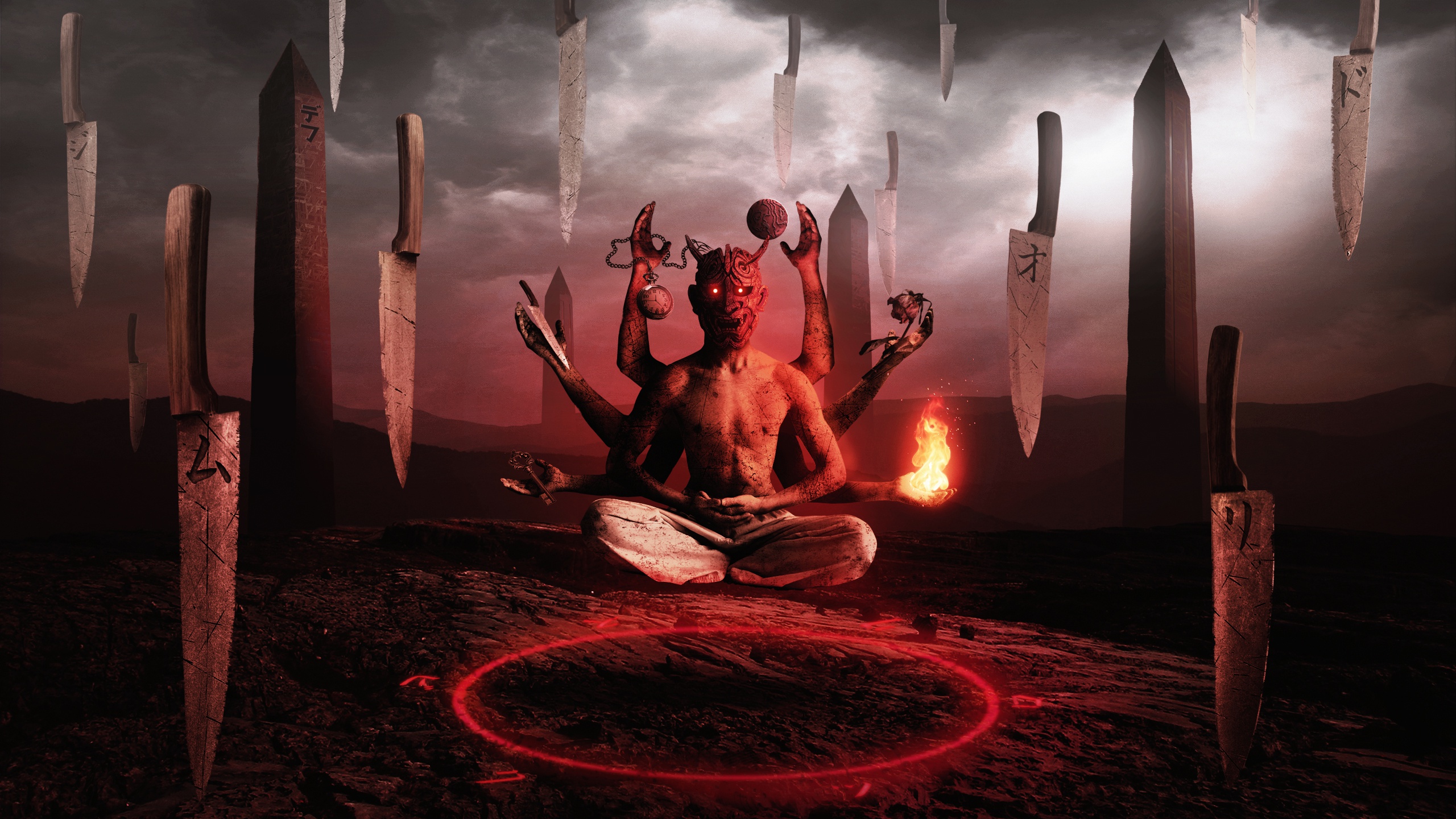 Demonic figure with multiple arms meditating surrounded by knives HD Wallpaper