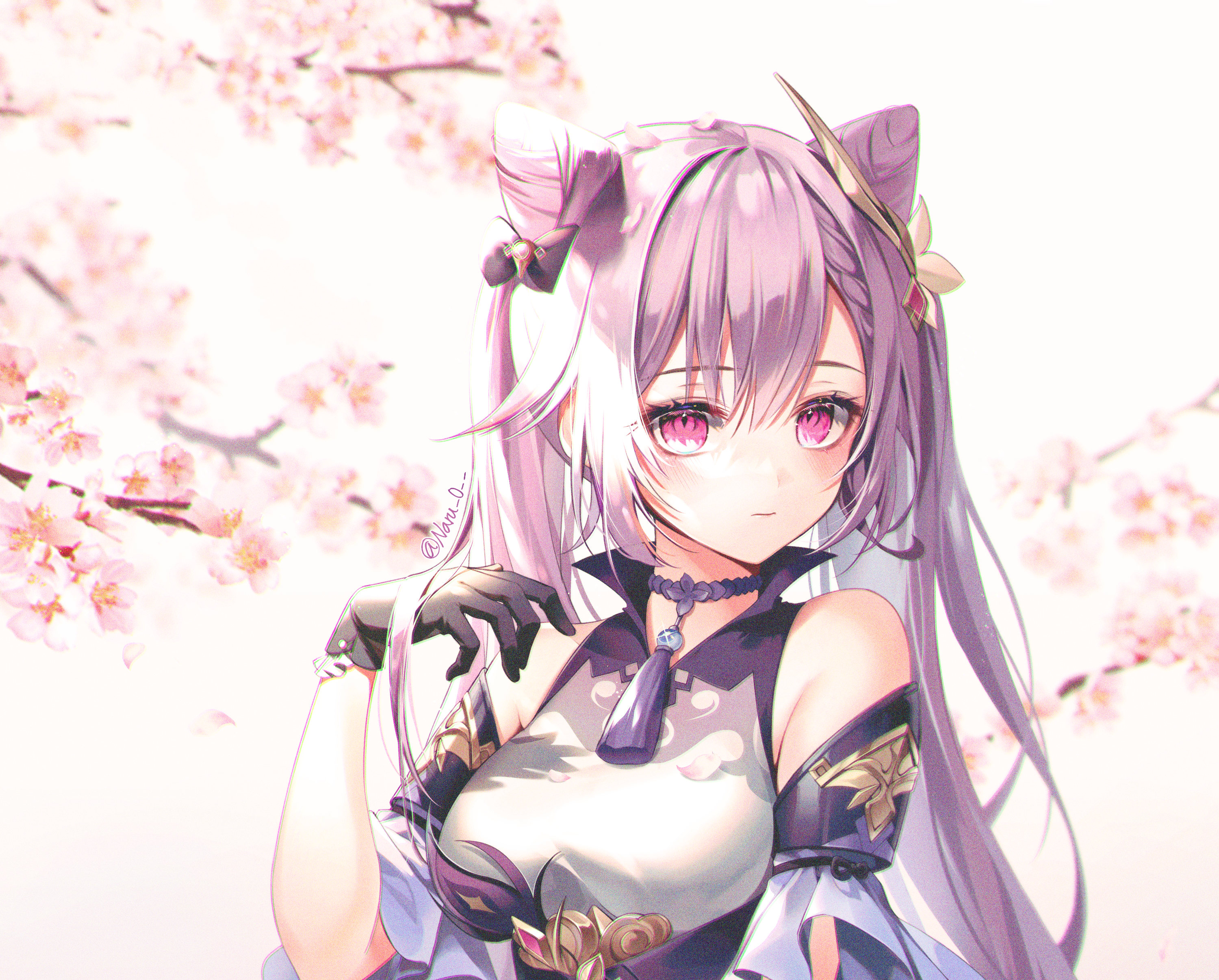 Keqing from Genshin Impact with Cherry Blossoms HD Wallpaper