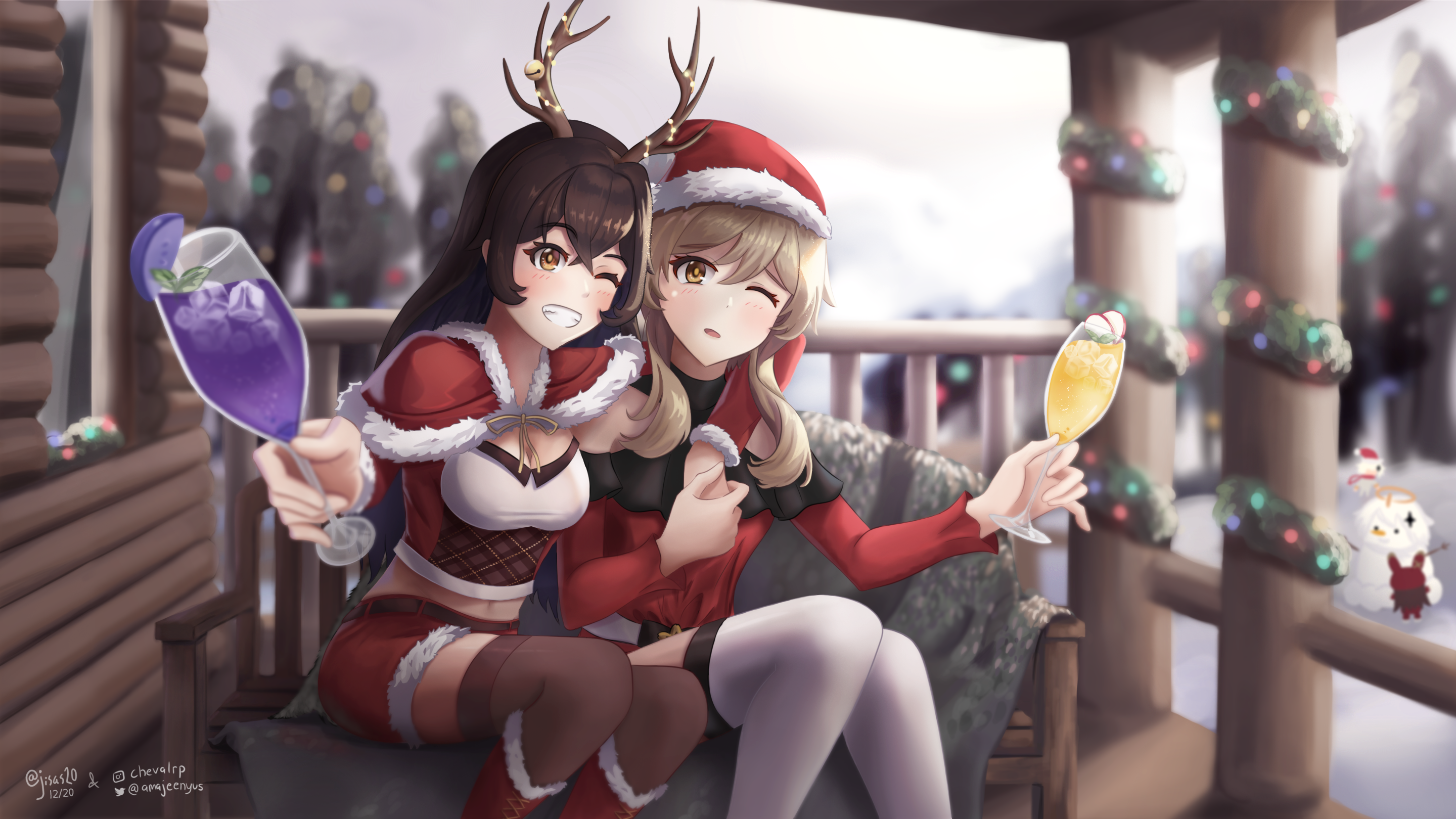 Amber and Lumine from Genshin Impact celebrating Christmas HD Wallpaper
