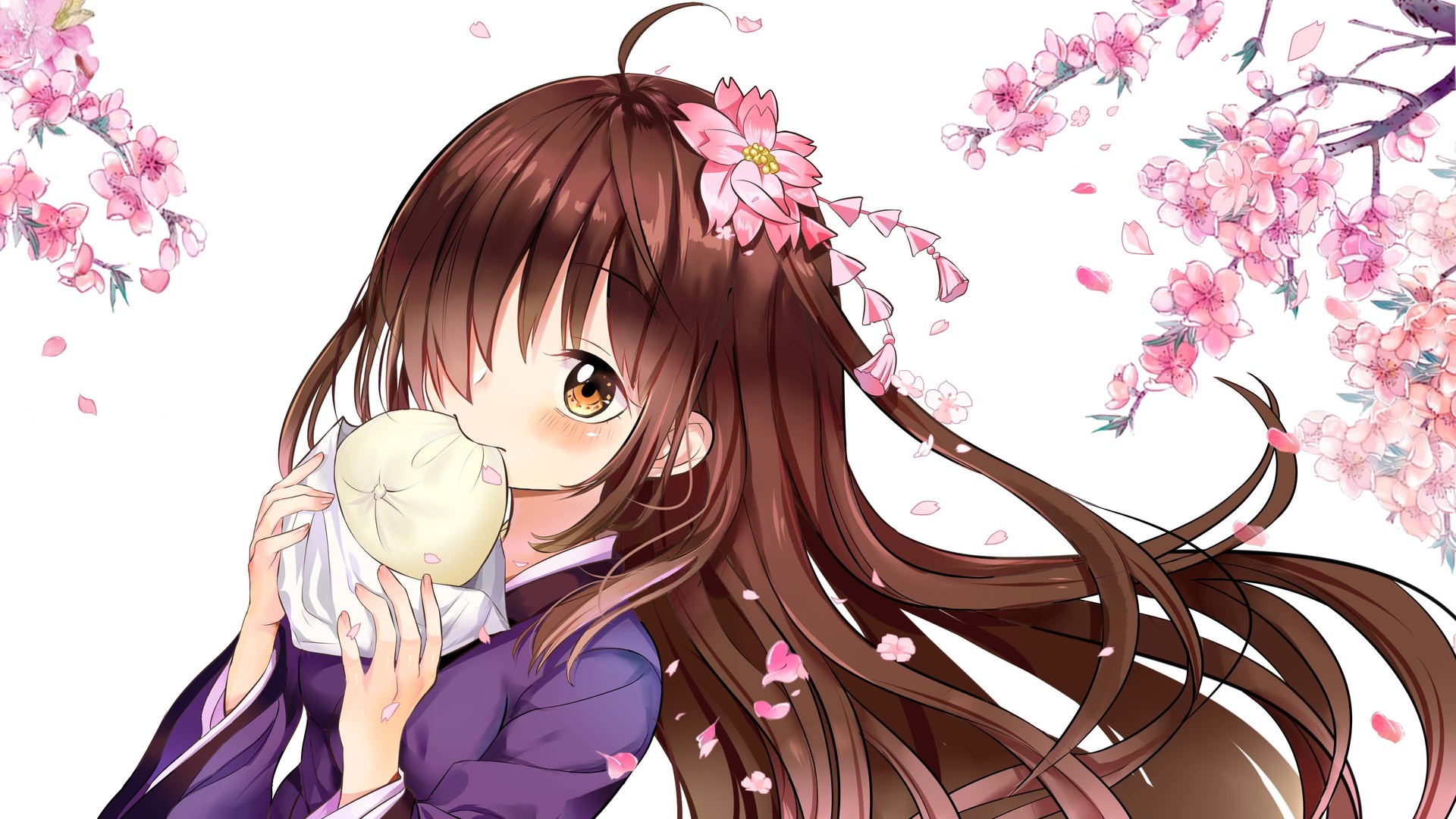 Anime girl with brown hair eating a bun HD Wallpaper