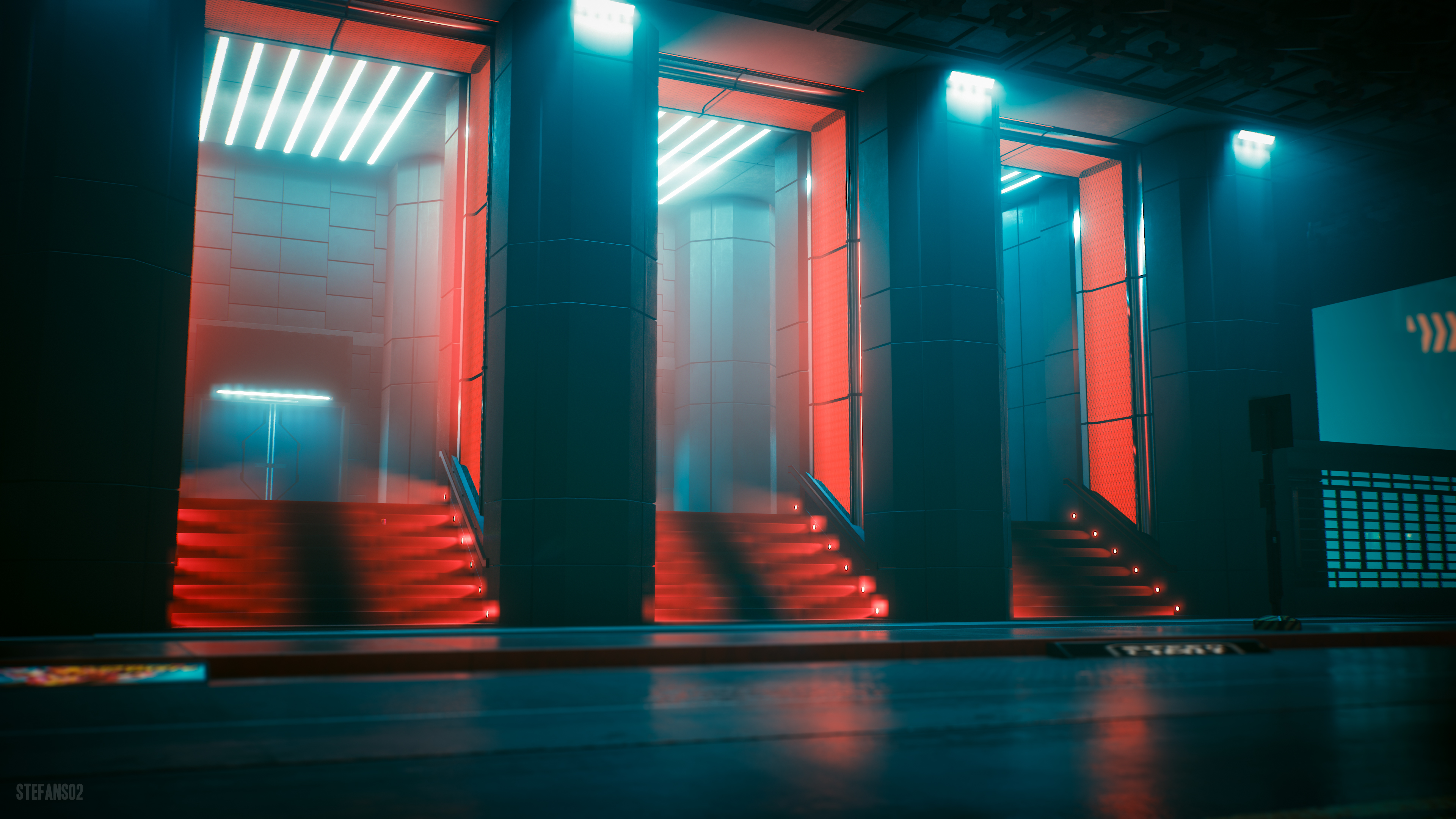 Cyberpunk 2077 entrance with neon lights HD Wallpaper