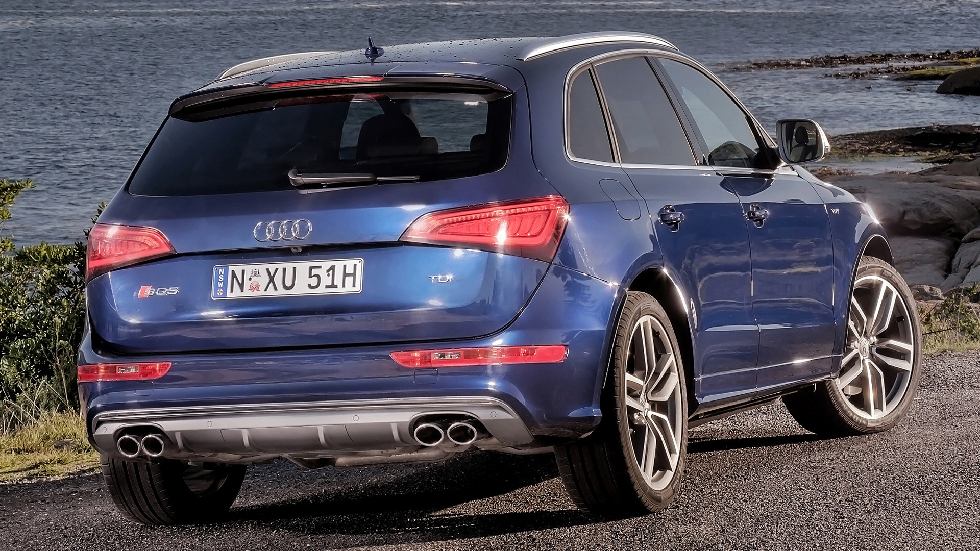 Blue Audi SQ5 TDI parked by the water HD Wallpaper