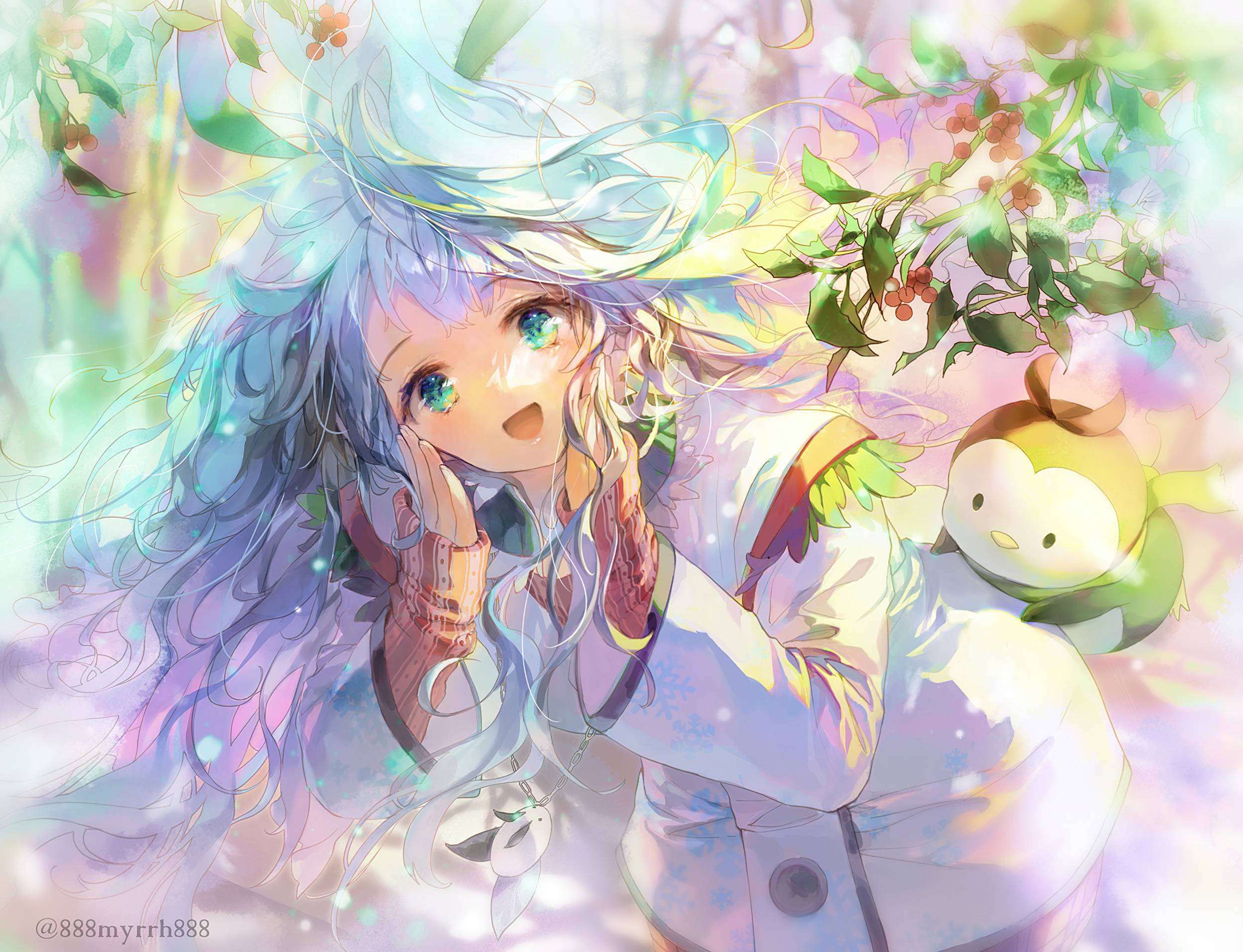 Girl with blue hair and Piplup in winter forest HD Wallpaper