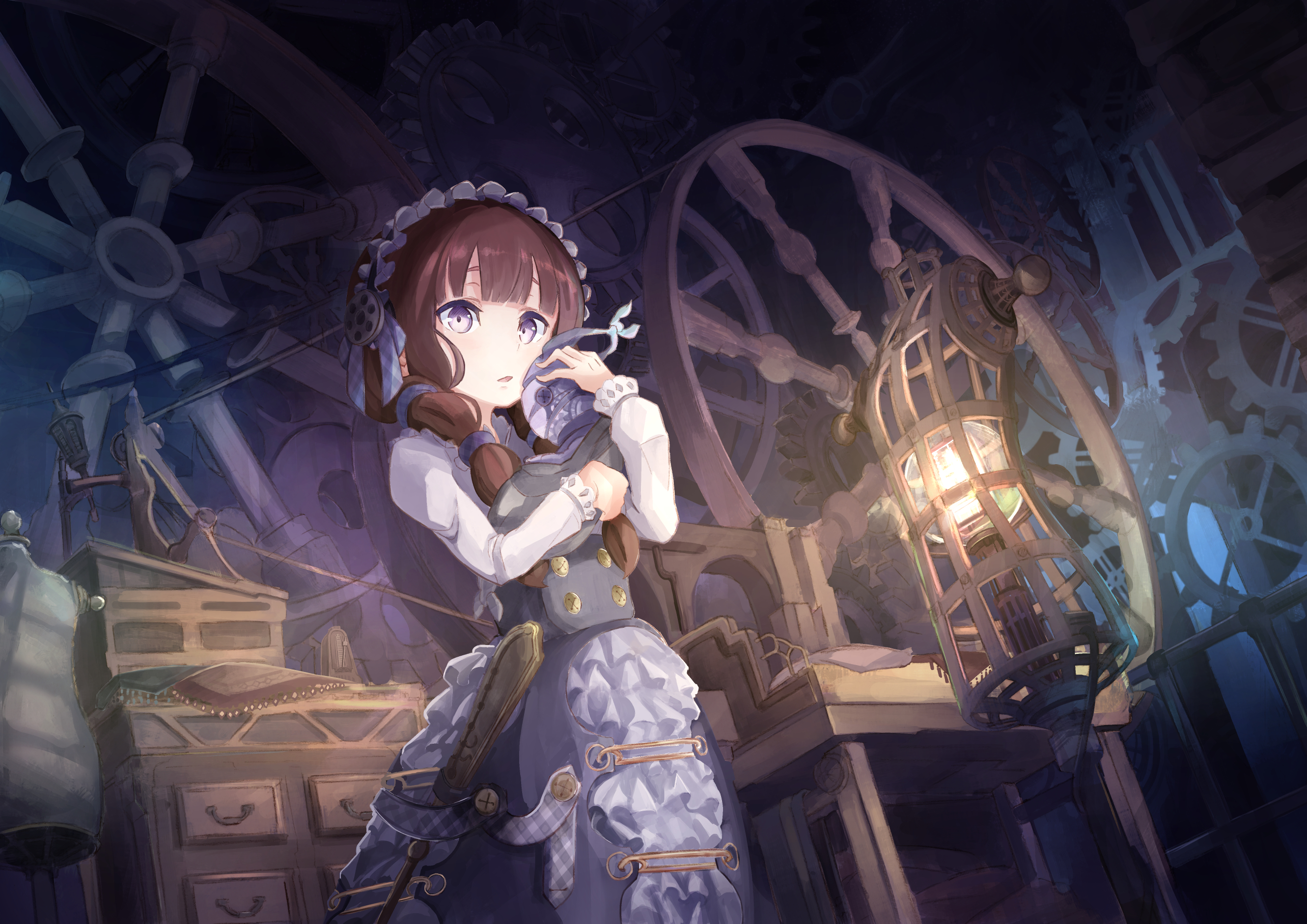 Girl in a steampunk workshop HD Wallpaper