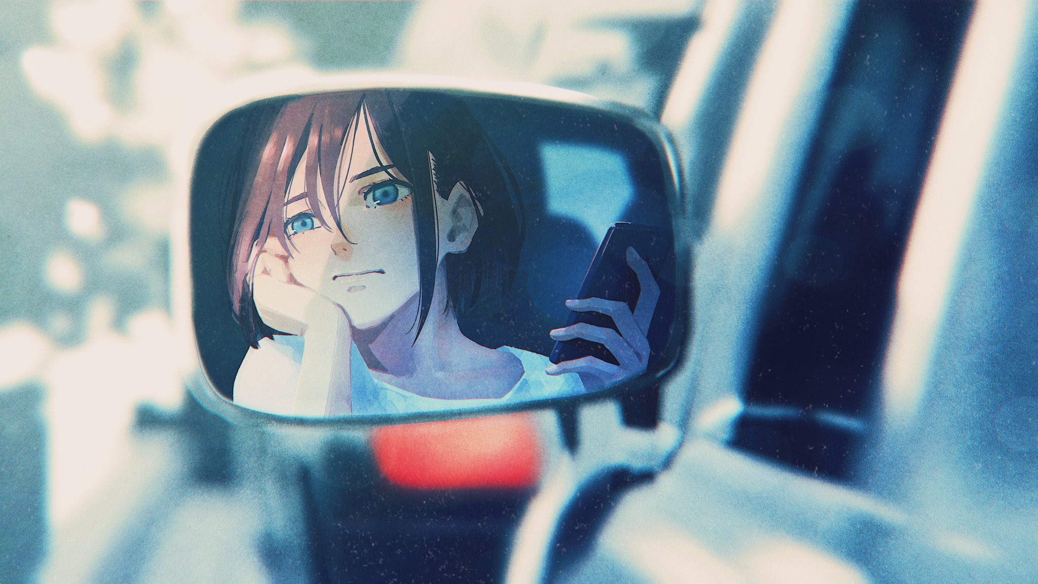 Girl looking in car mirror with phone HD Wallpaper