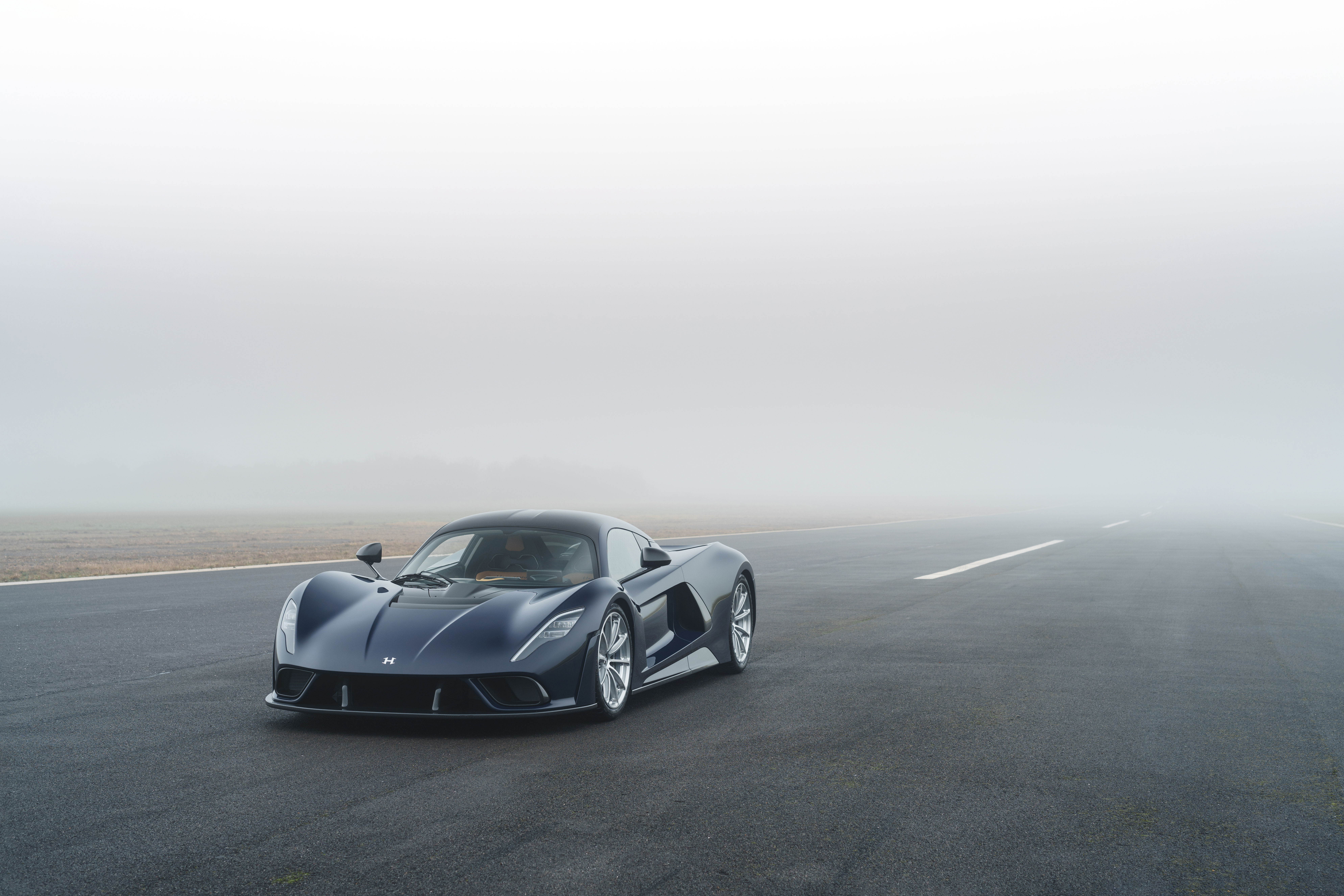 Hennessey Venom F5 supercar on a foggy road HD Wallpaper