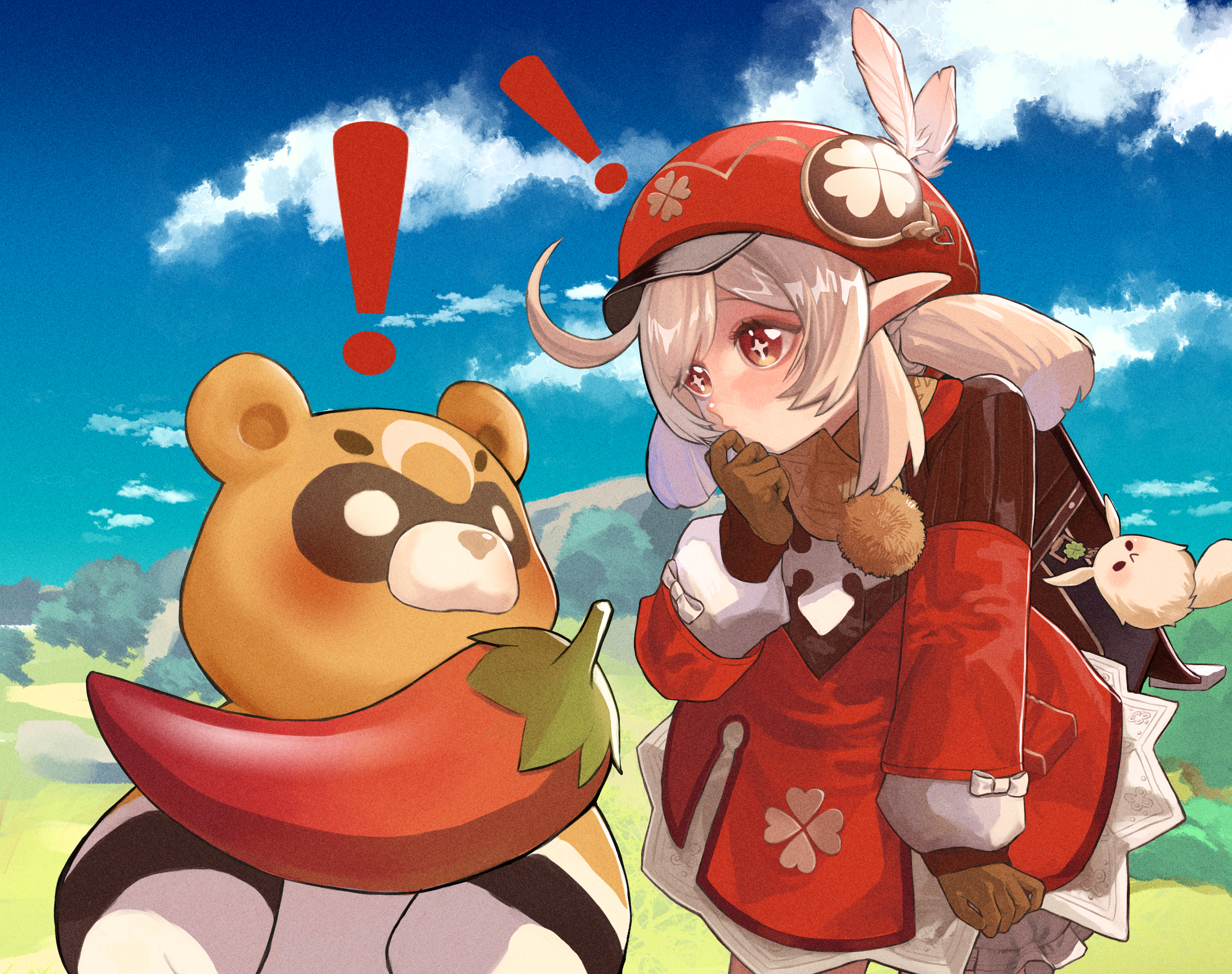 Klee from Genshin Impact with a Tanuki and a chili pepper HD Wallpaper