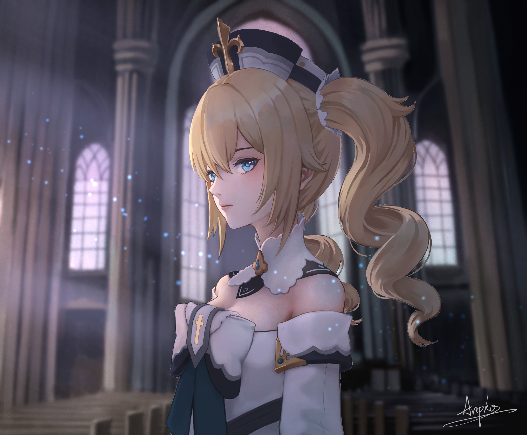 Barbara from Genshin Impact in a church HD Wallpaper