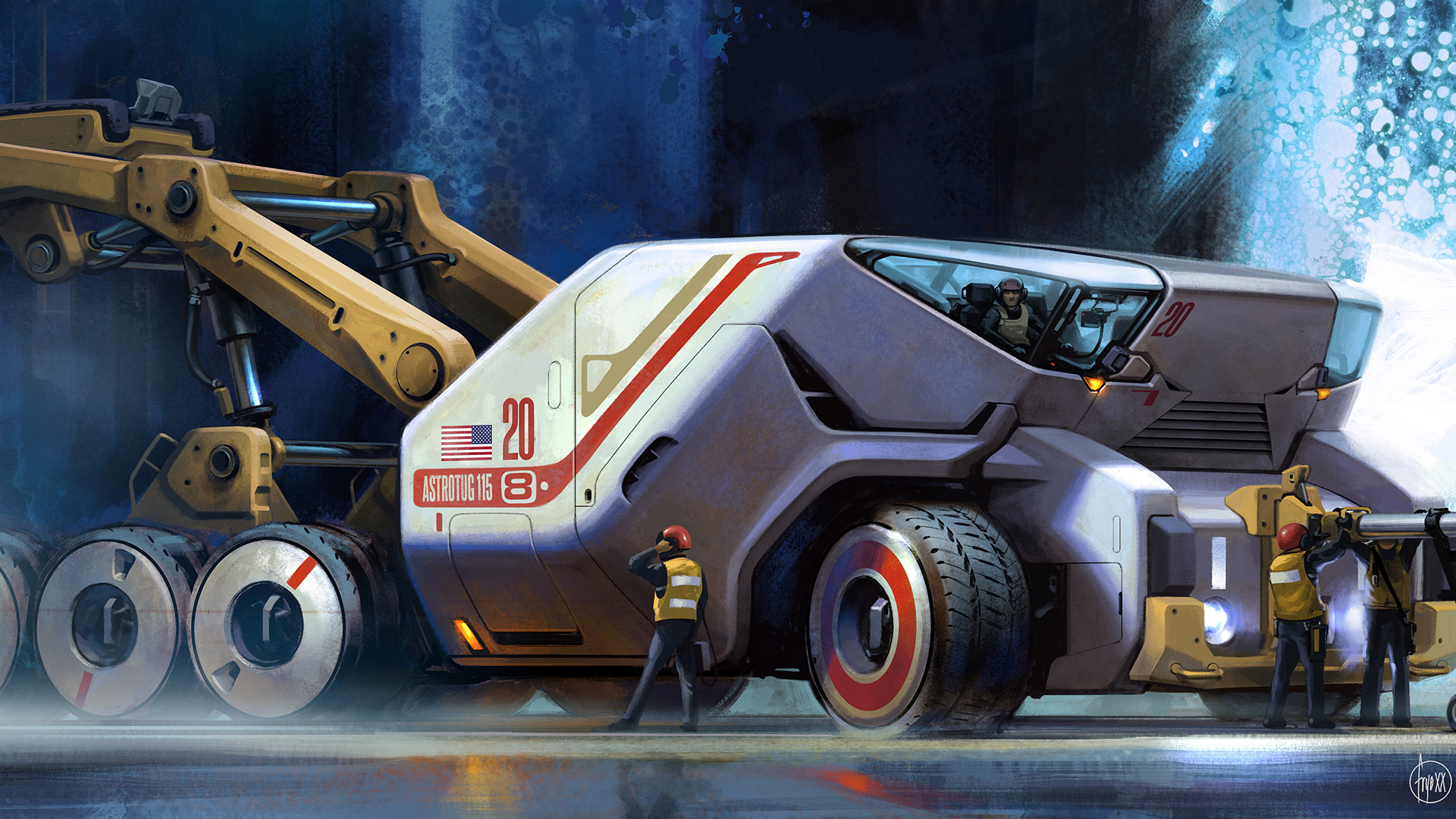 Sci-fi AstroTug 115 8 vehicle with crew HD Wallpaper