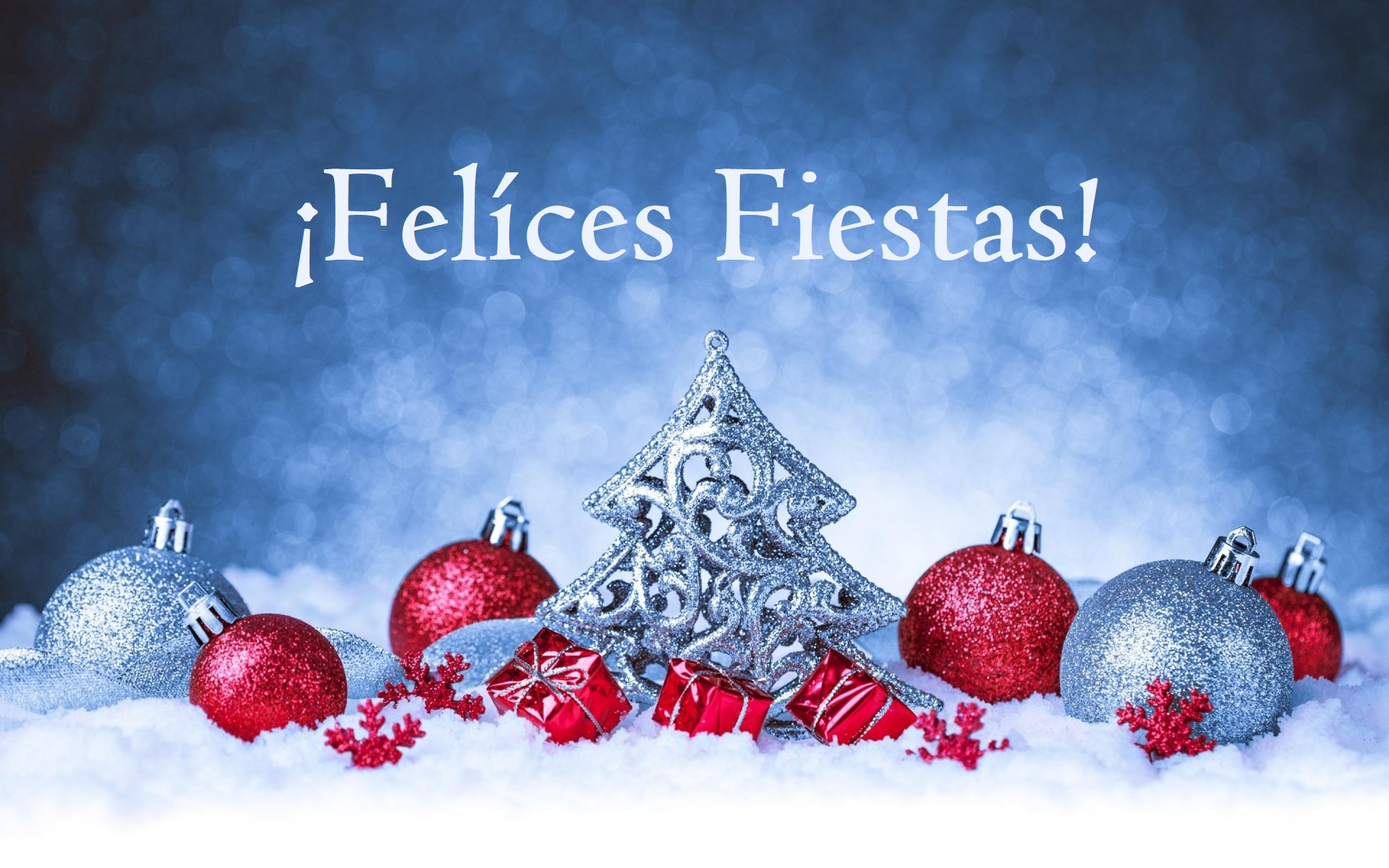 Felices Fiestas Christmas Ornaments in Snow HD Wallpaper
