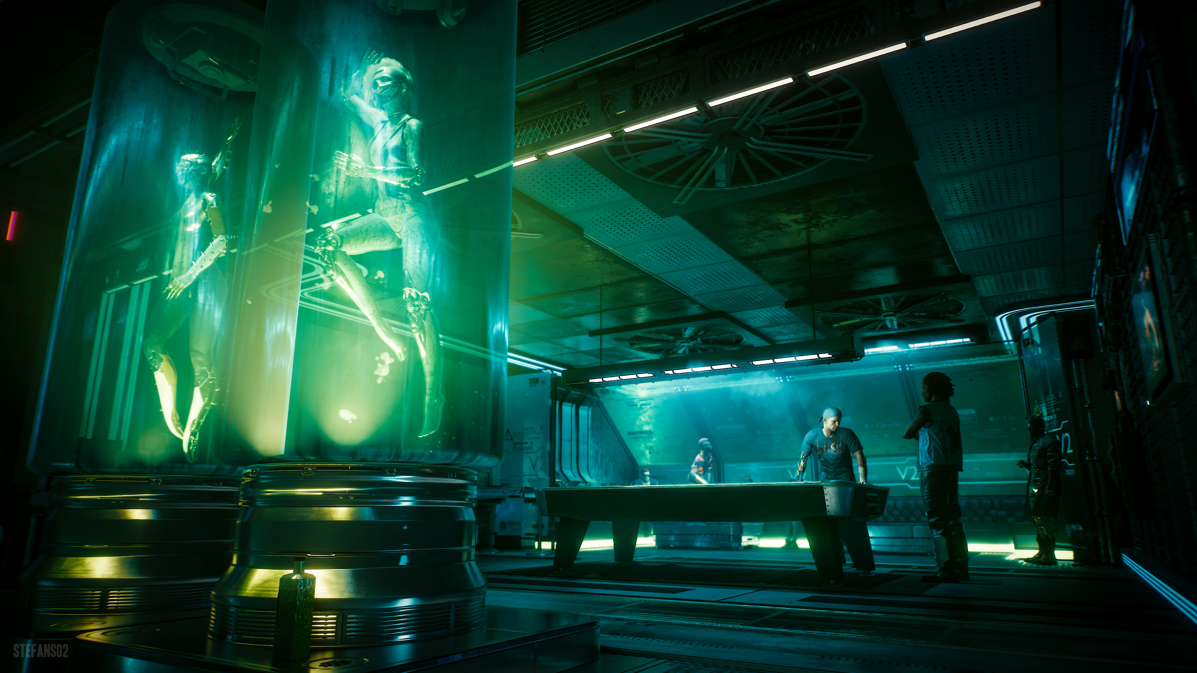 Cyberpunk 2077: Figures in Cryo Pods and People by Pool Table HD Wallpaper