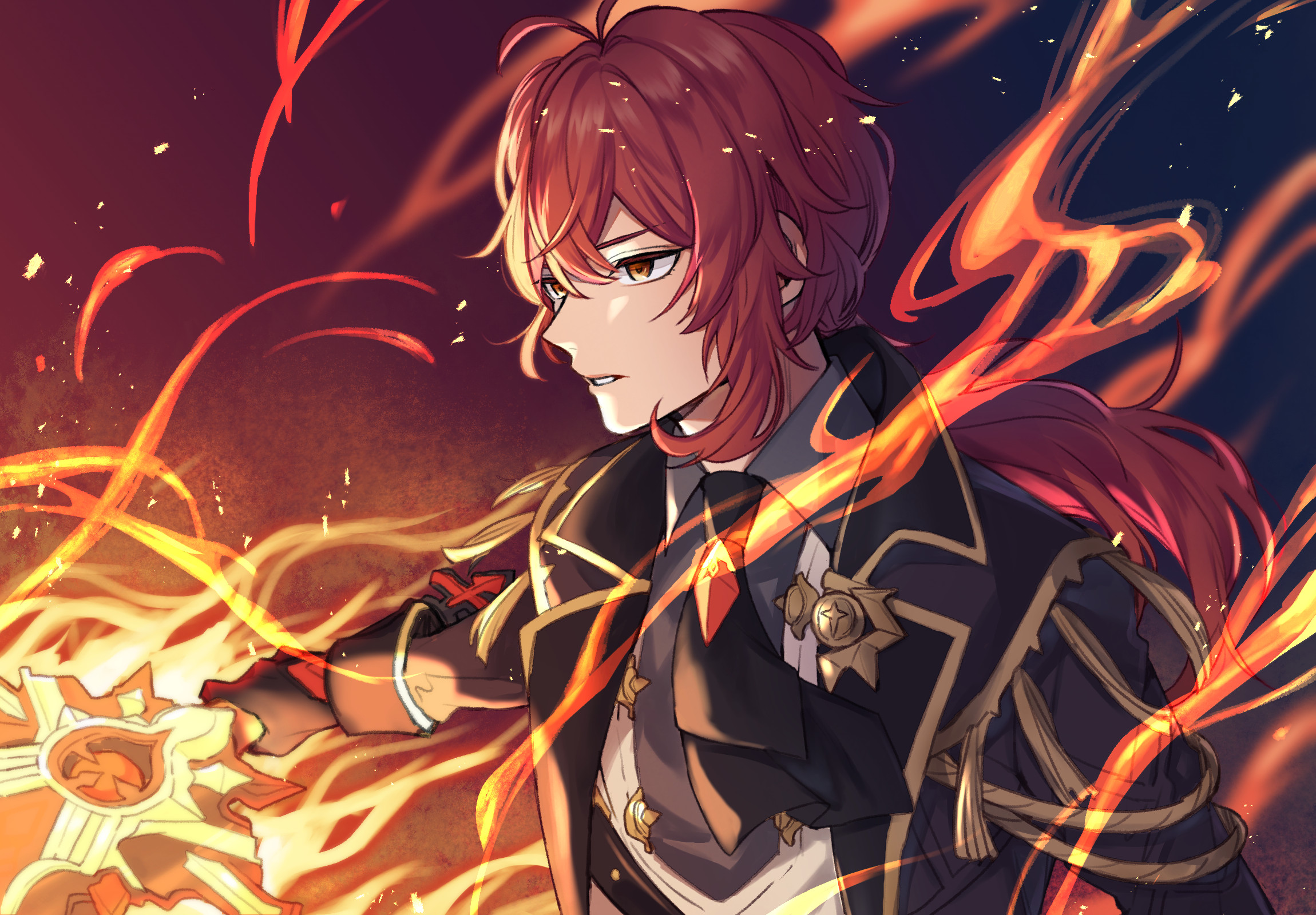 Diluc from Genshin Impact with fire HD Wallpaper