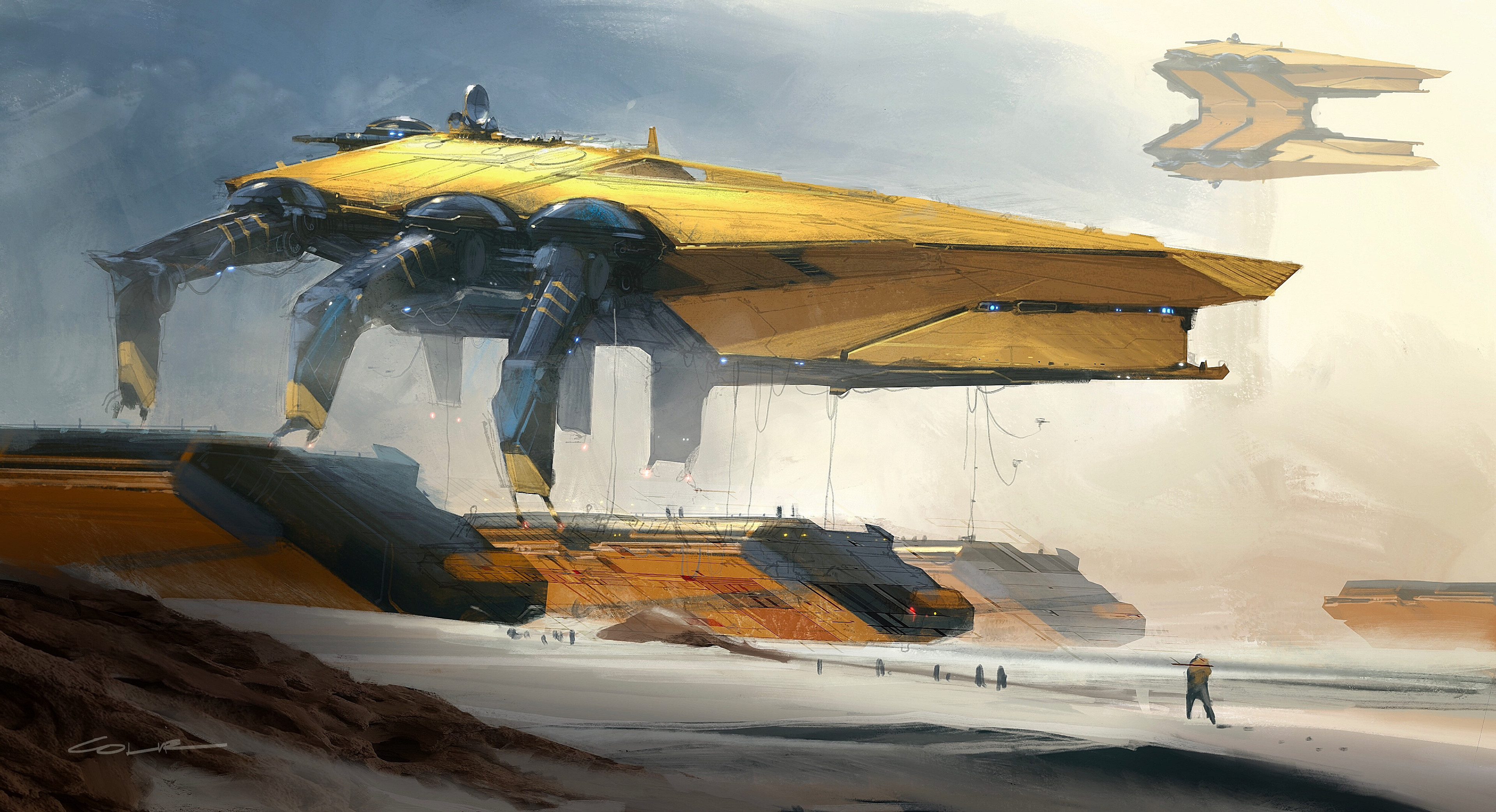 Giant yellow walker vehicle on a sandy planet HD Wallpaper