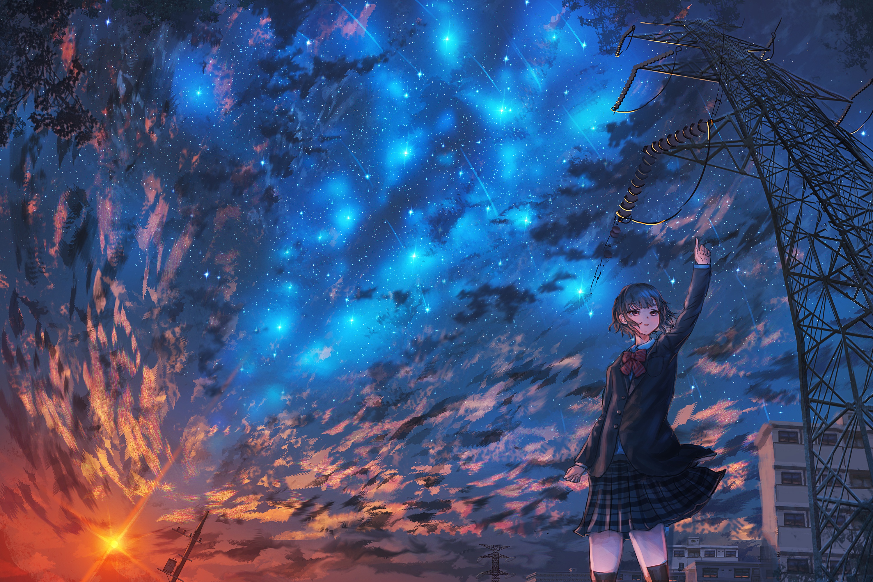 Girl in School Uniform Under Starry Sky HD Wallpaper