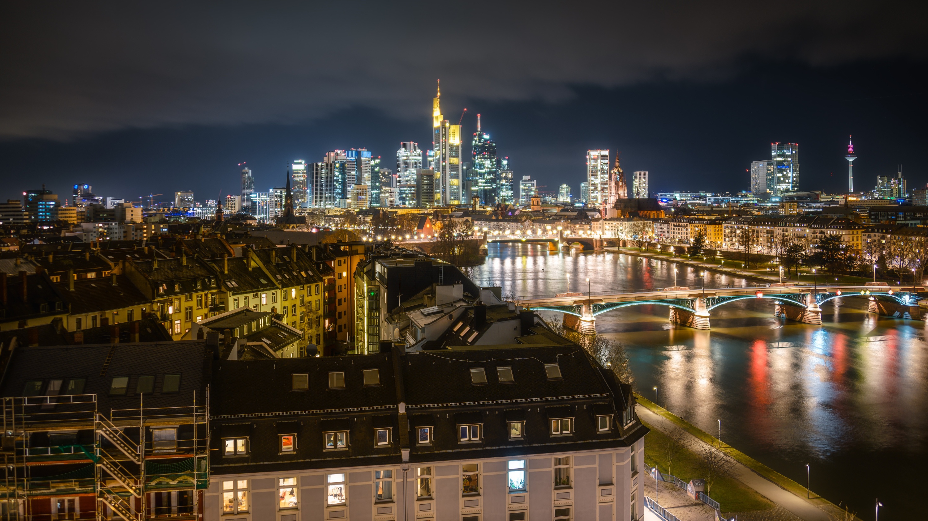 Frankfurt skyline at night with river and bridges HD Wallpaper