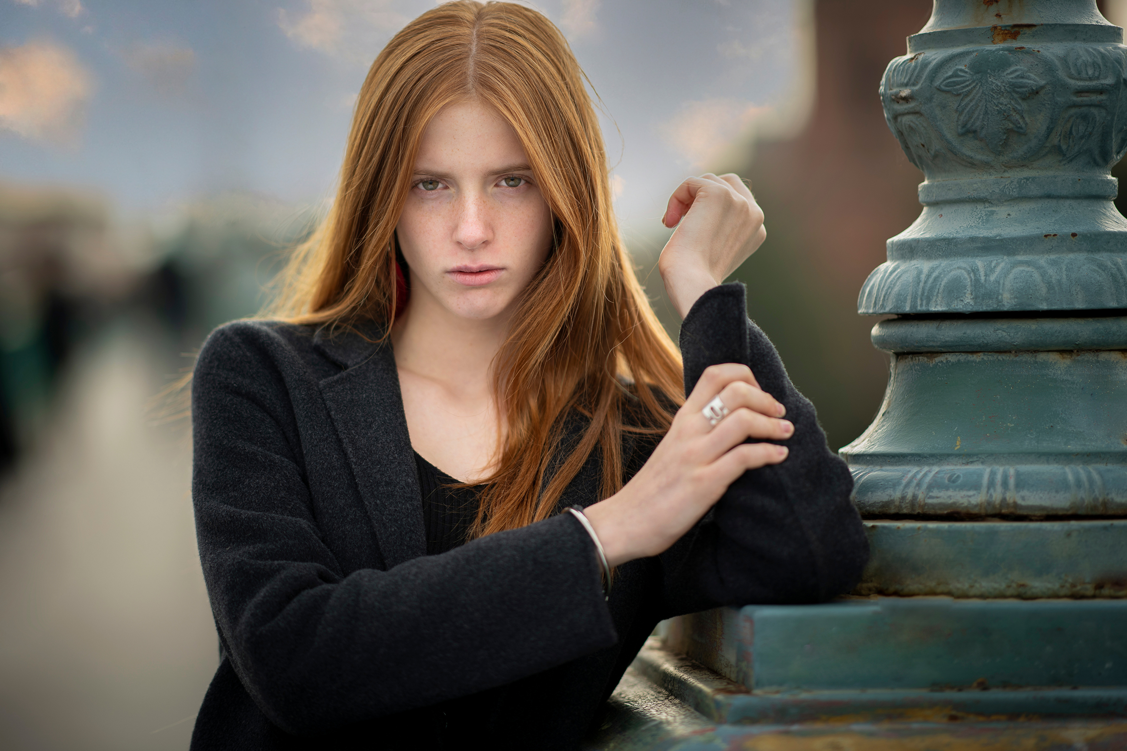 Woman with red hair and a dark jacket HD Wallpaper