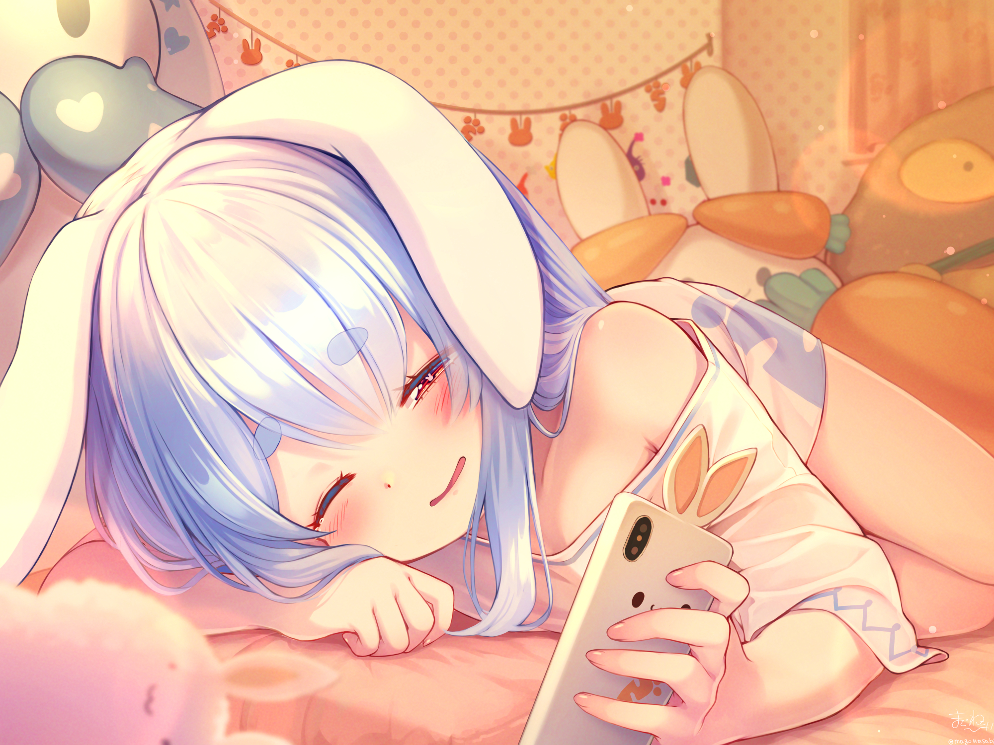 Usada Pekora relaxing with a phone HD Wallpaper