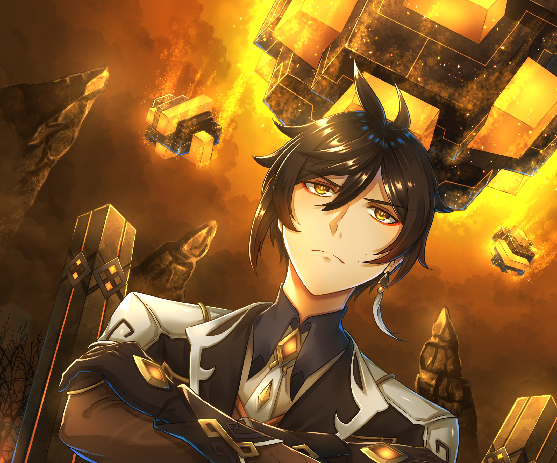 Zhongli from Genshin Impact with Geo constructs HD Wallpaper
