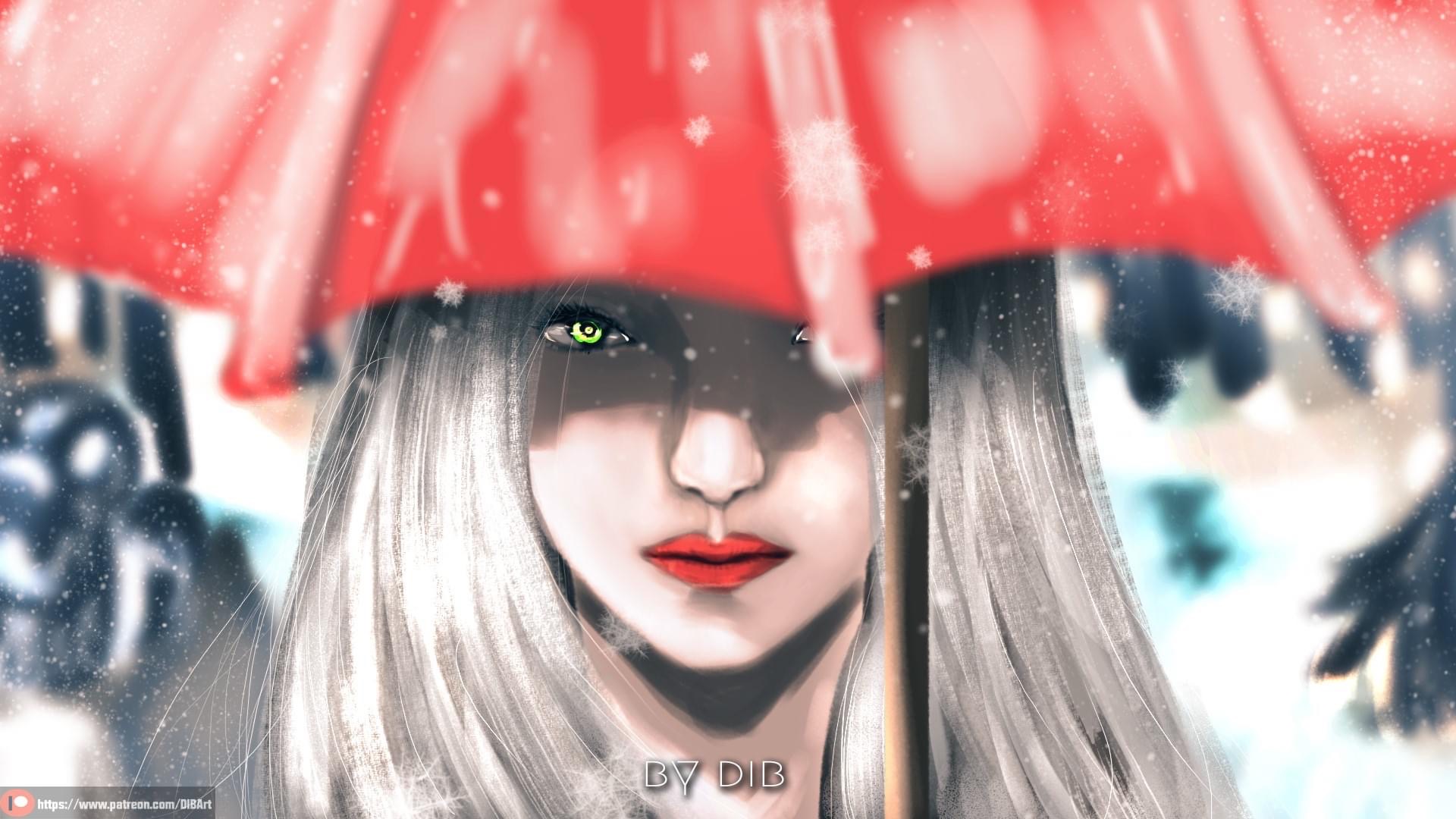 Woman with green eyes under a red umbrella in snow HD Wallpaper