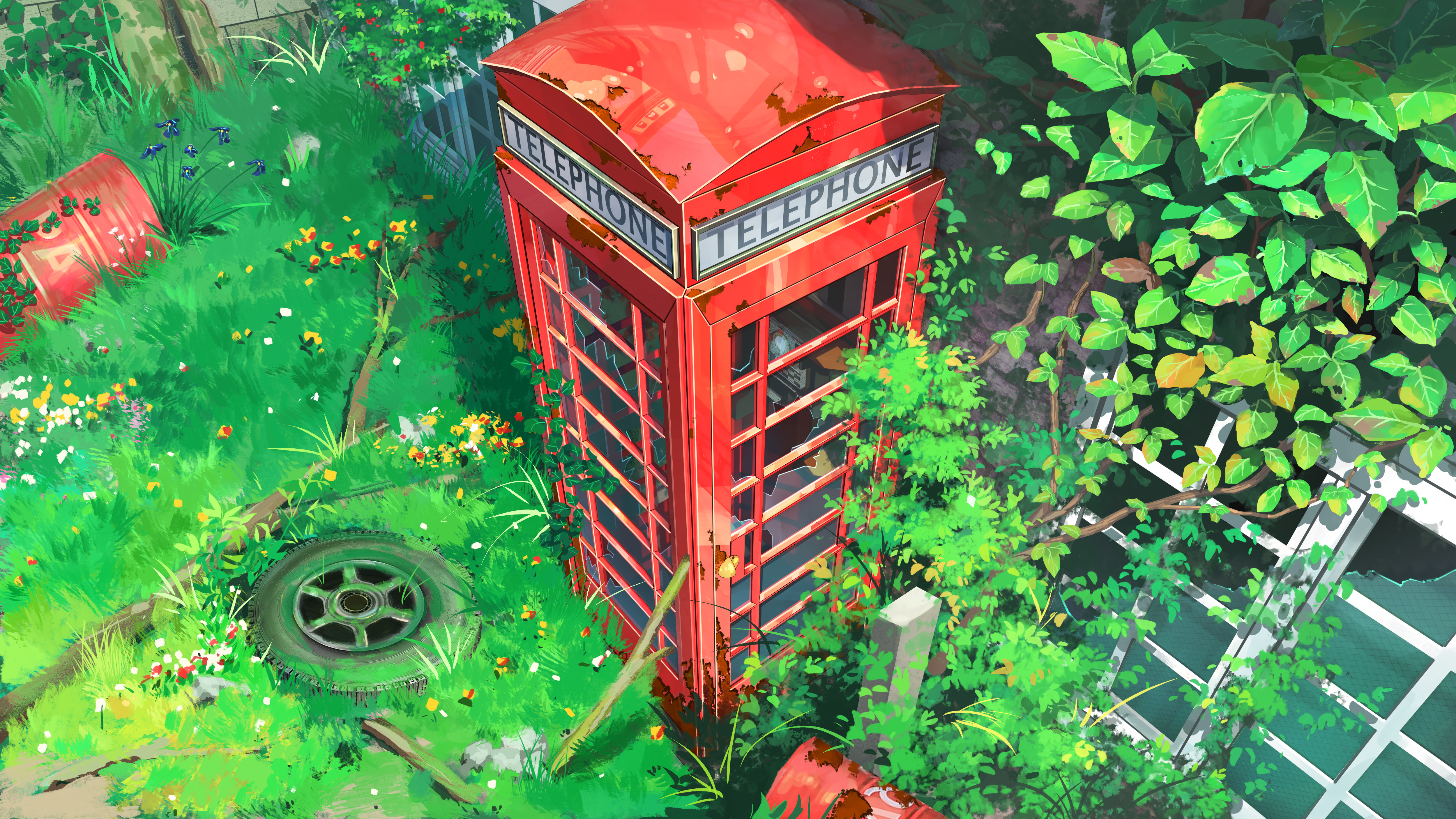 Abandoned red telephone booth overgrown with plants HD Wallpaper