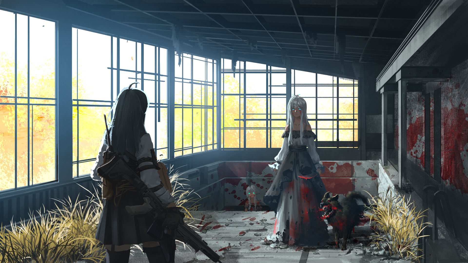 Two girls and a dog in a ruined building HD Wallpaper