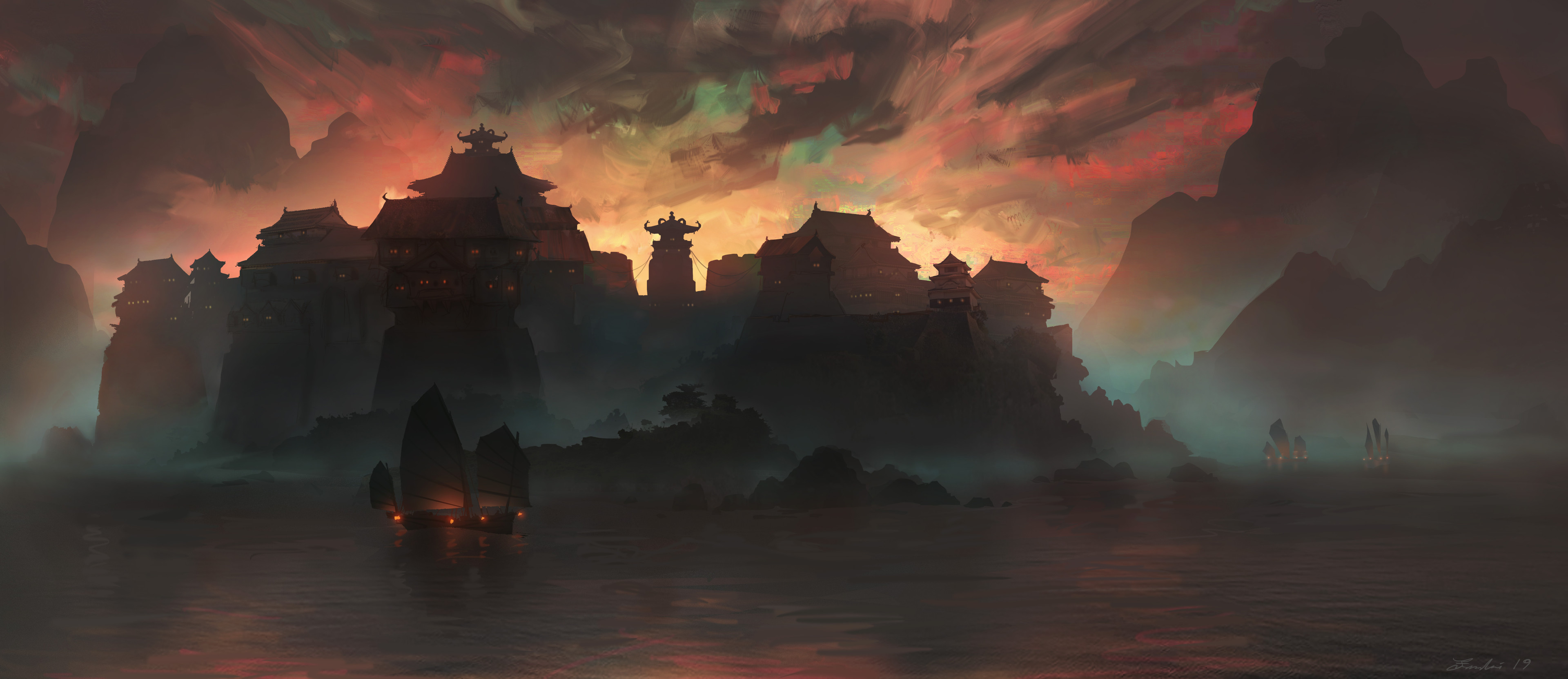 Fantasy castle on a cliff overlooking a misty bay at sunset HD Wallpaper