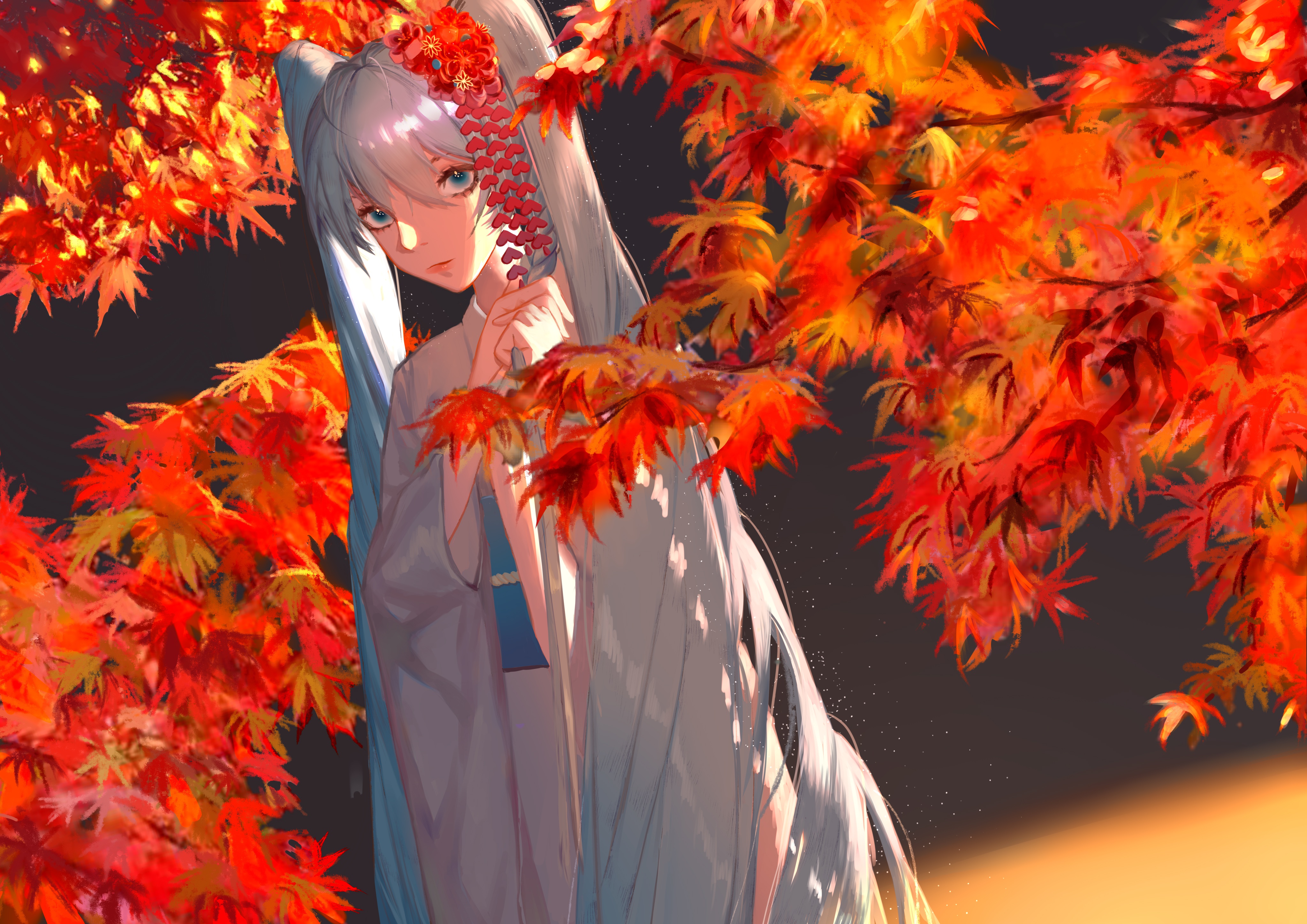Hatsune Miku in Fall with Red Maple Leaves HD Wallpaper