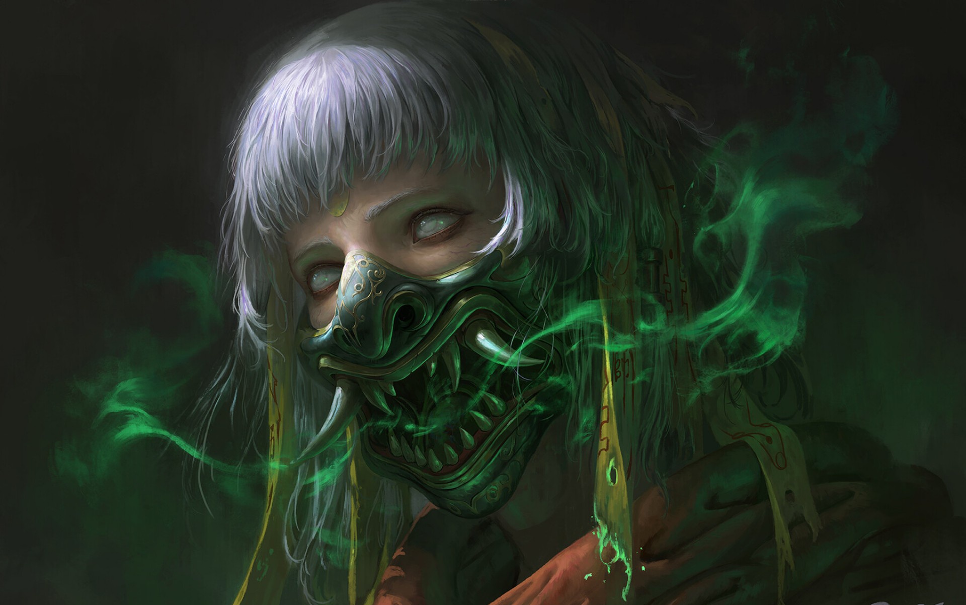 Woman with white hair wearing a demon mask HD Wallpaper