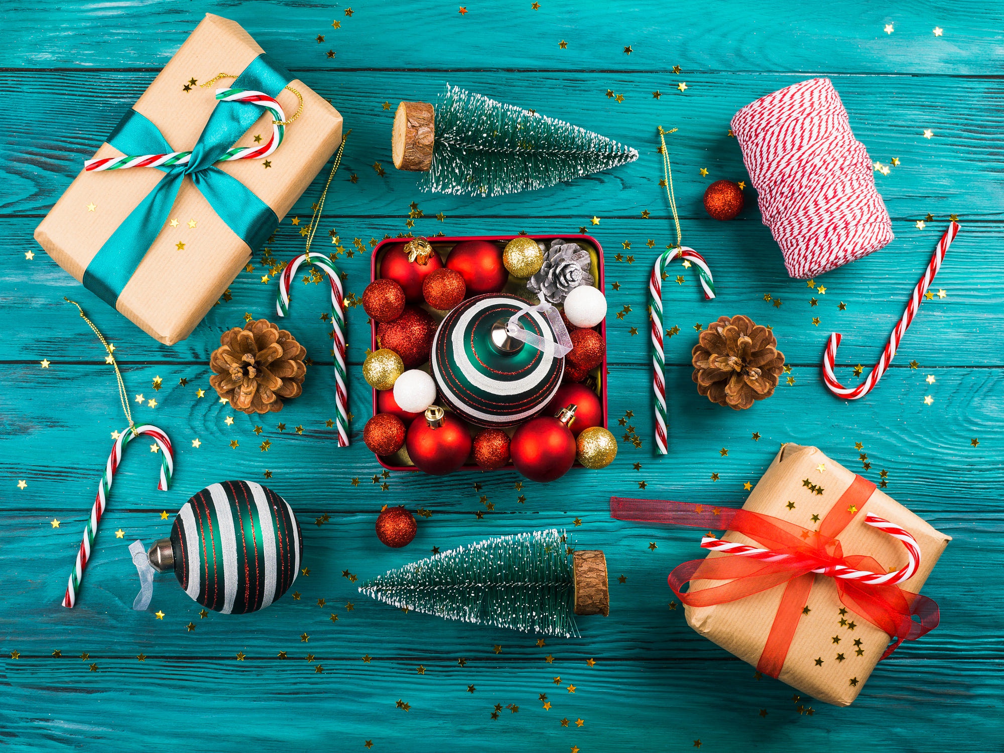 Christmas Gifts and Ornaments on Teal Wood HD Wallpaper