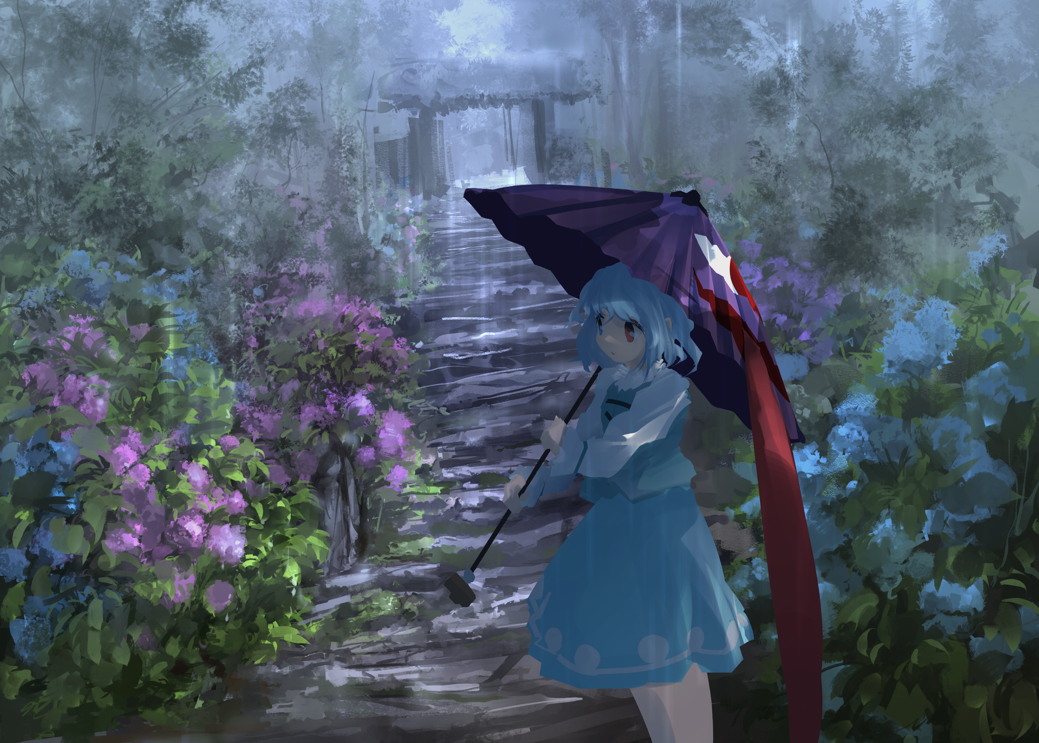 Kogasa Tatara with umbrella on a stone path HD Wallpaper