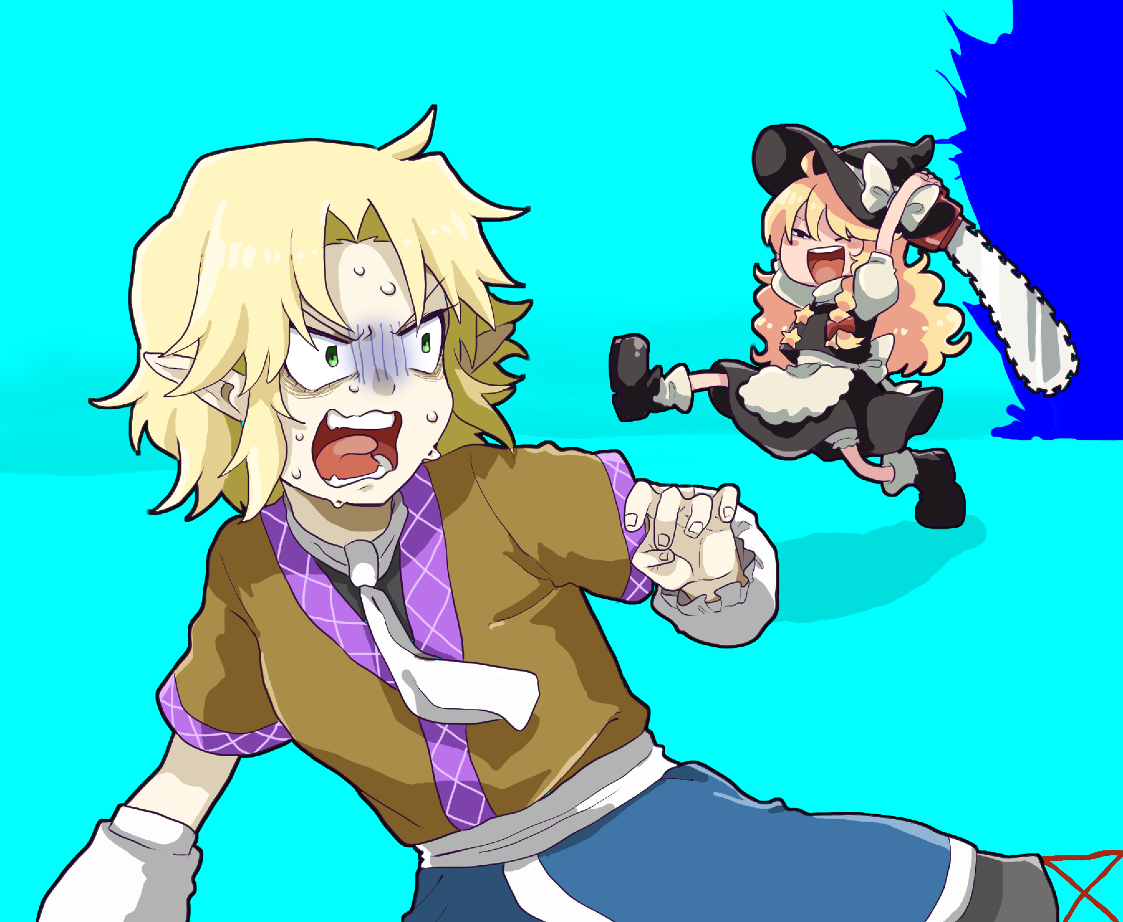 Marisa Kirisame chases Parsee Mizuhashi with a chainsaw HD Wallpaper