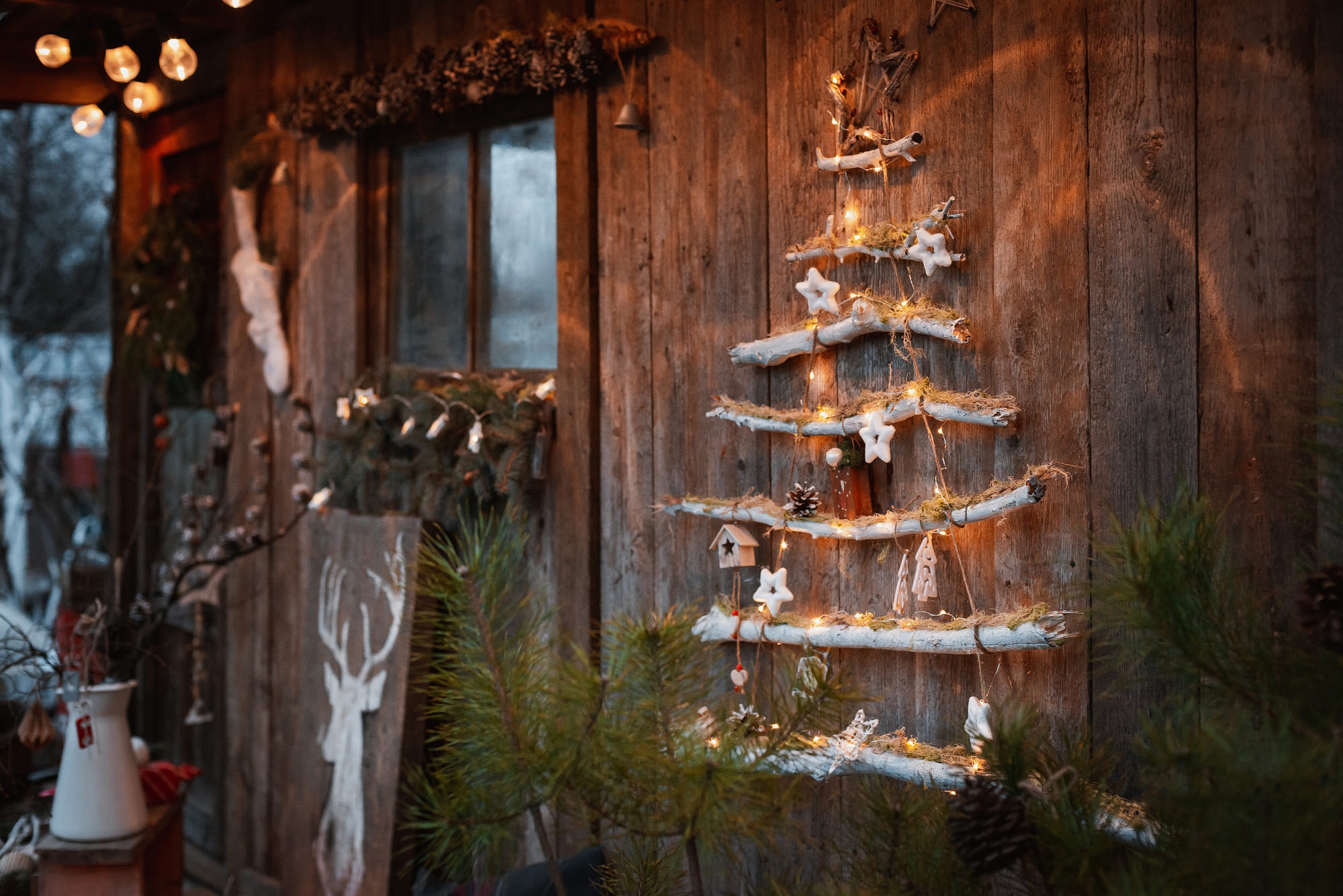 Rustic Christmas Tree Decoration with Lights HD Wallpaper