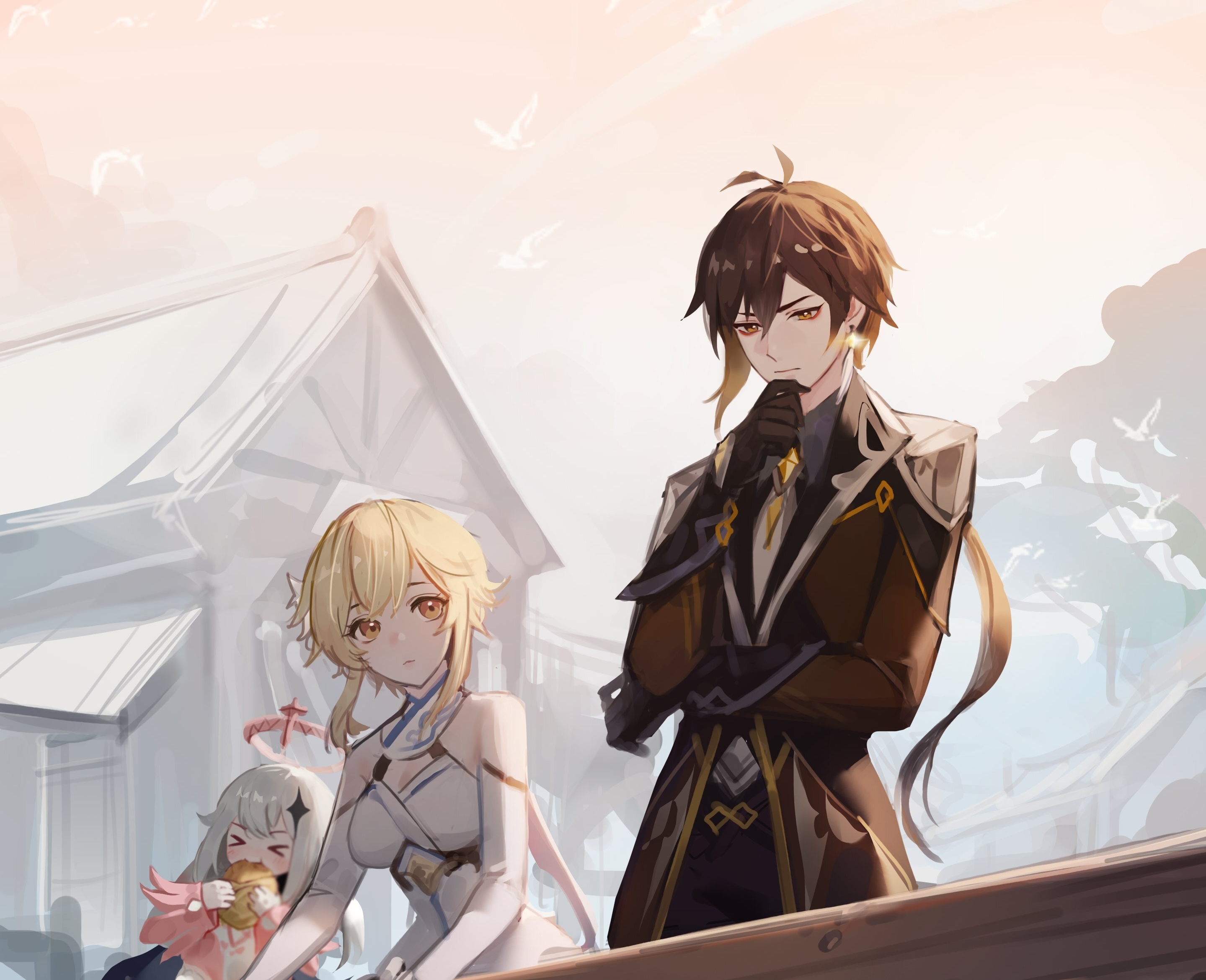 Lumine, Paimon, and Zhongli from Genshin Impact HD Wallpaper