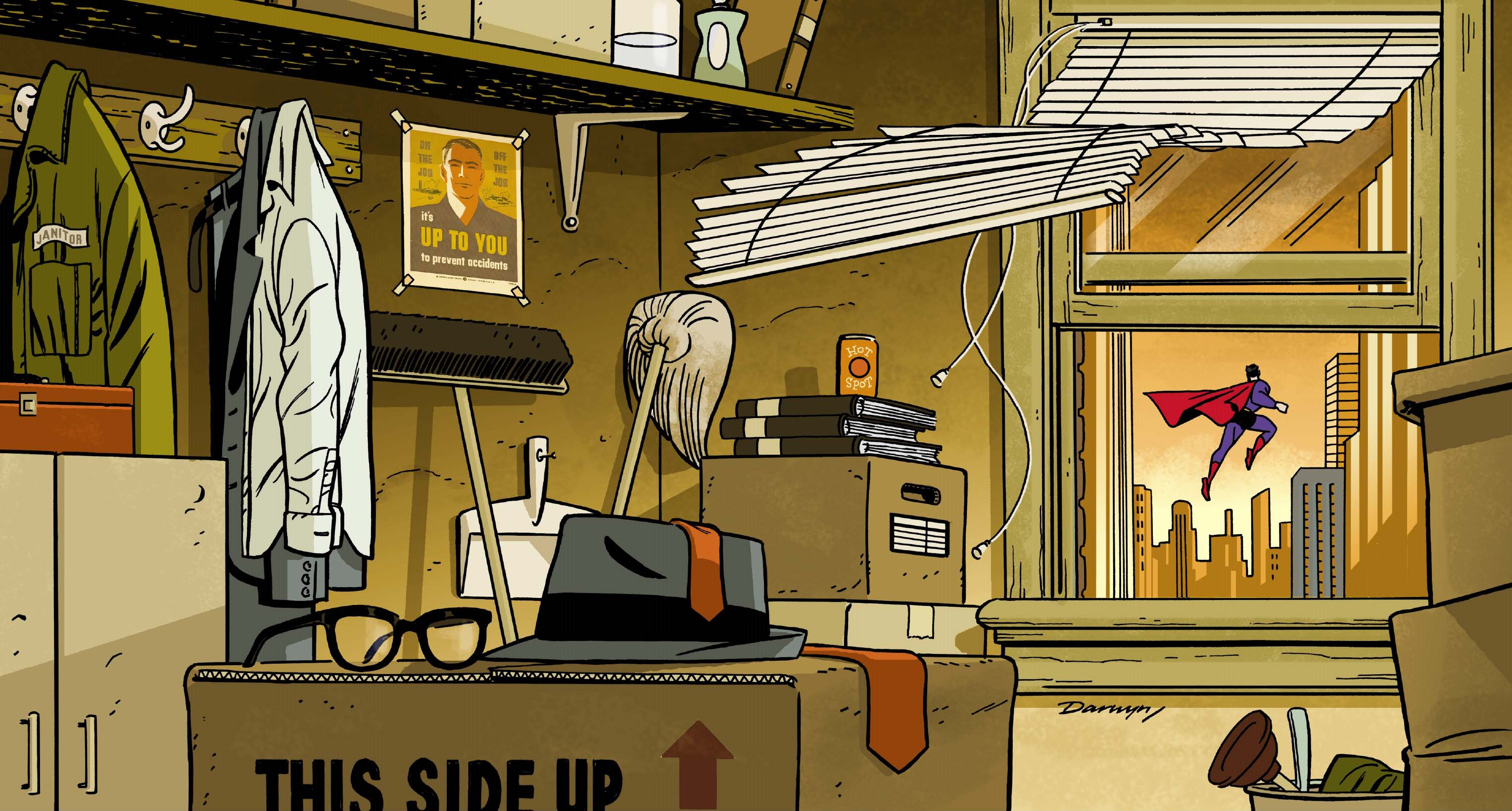 Superman flying past a window in a cluttered room HD Wallpaper