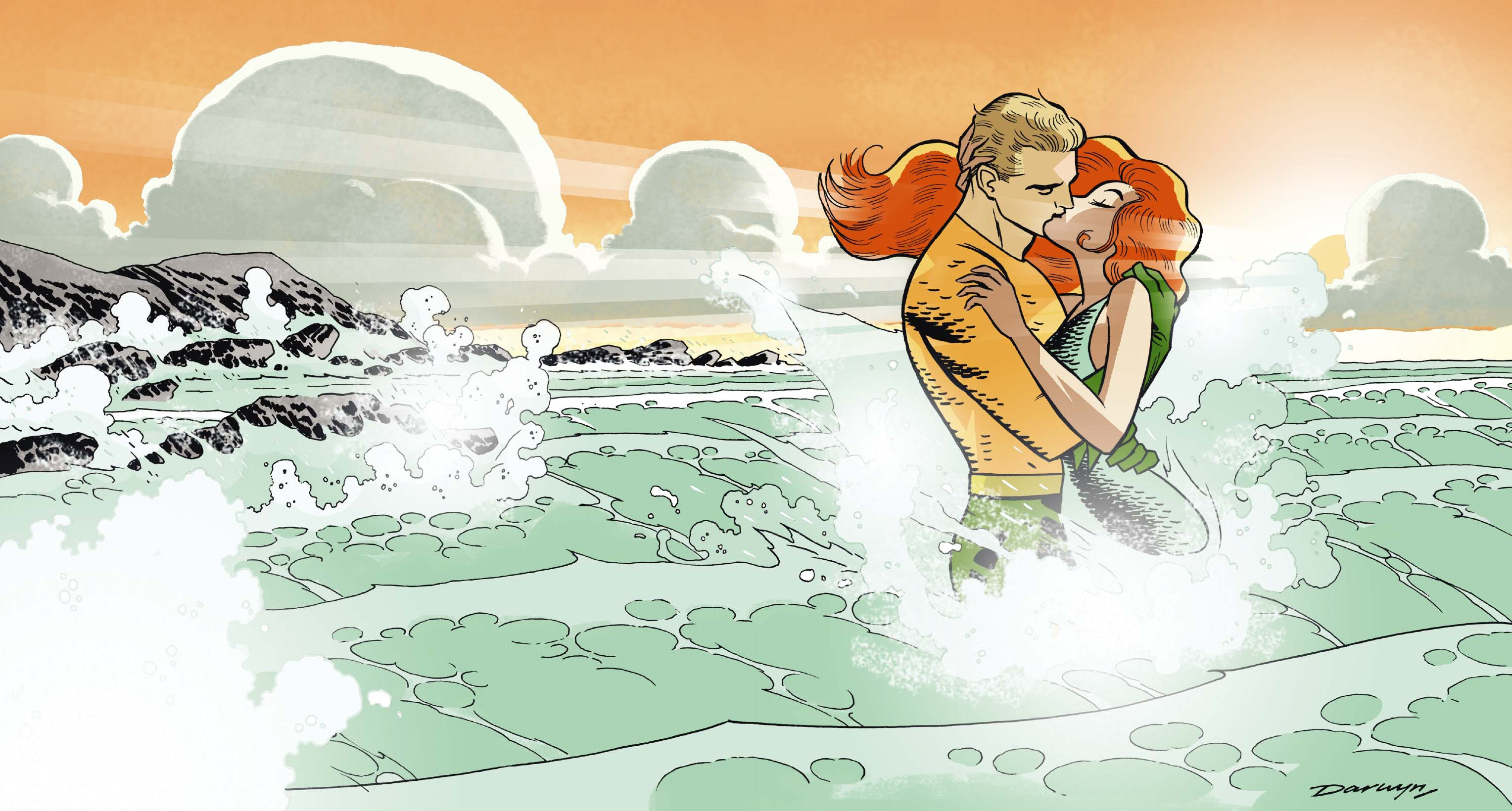 Aquaman and Mera kissing in the ocean waves HD Wallpaper