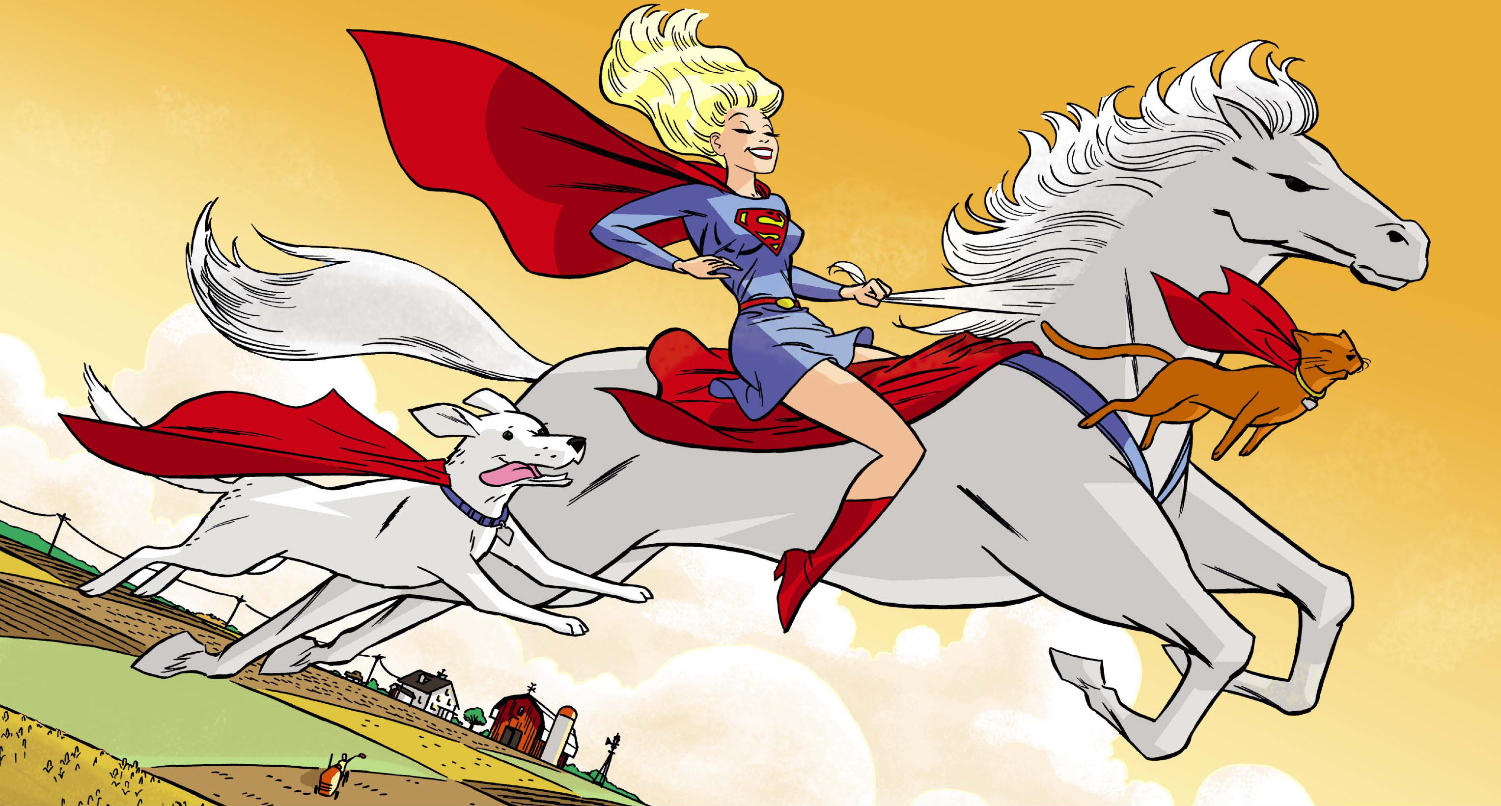 Supergirl and pets riding a horse over farmland HD Wallpaper