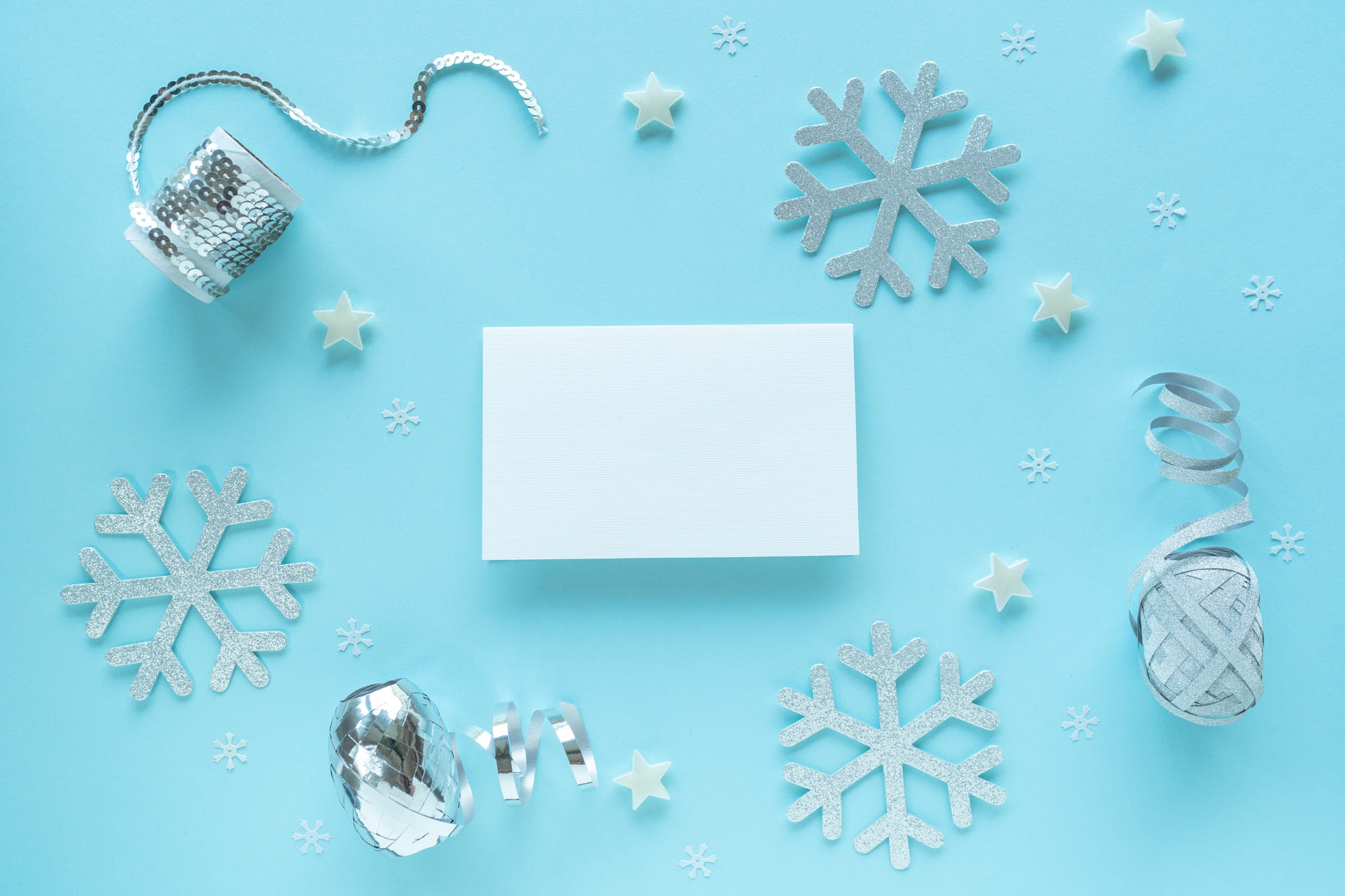 Christmas Ornaments and Snowflakes on Blue Background HD Wallpaper