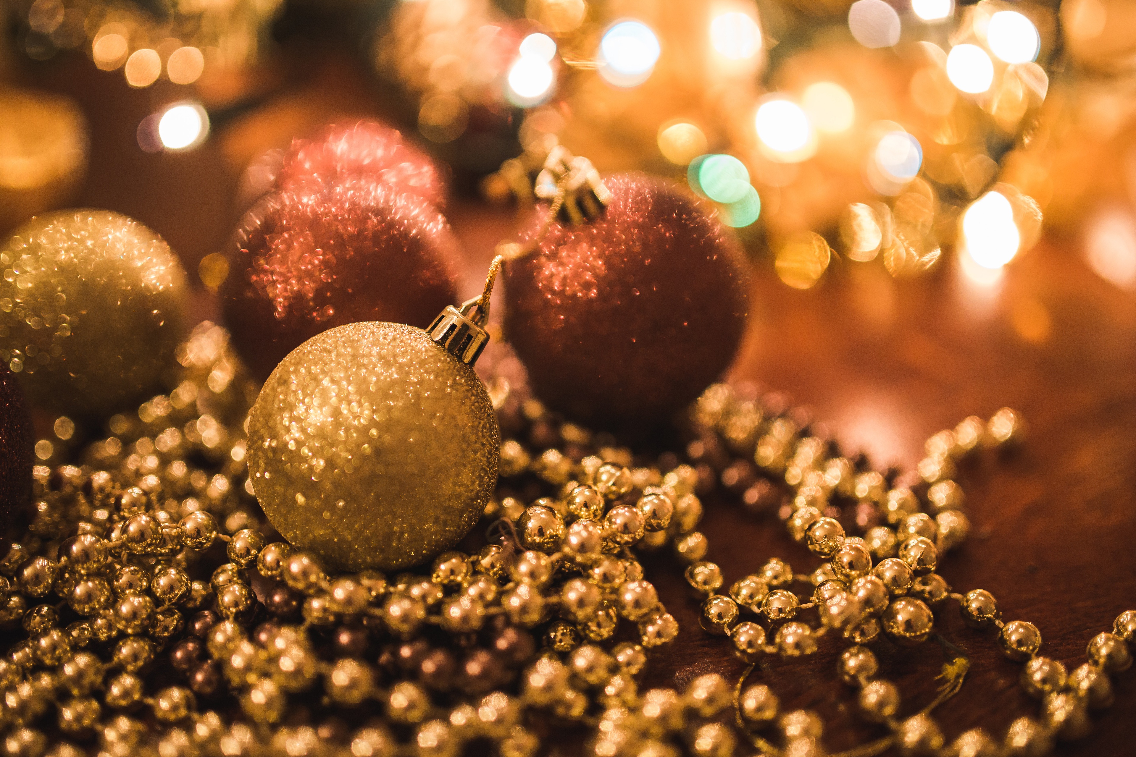 Christmas Ornaments with Golden Beads and Lights HD Wallpaper