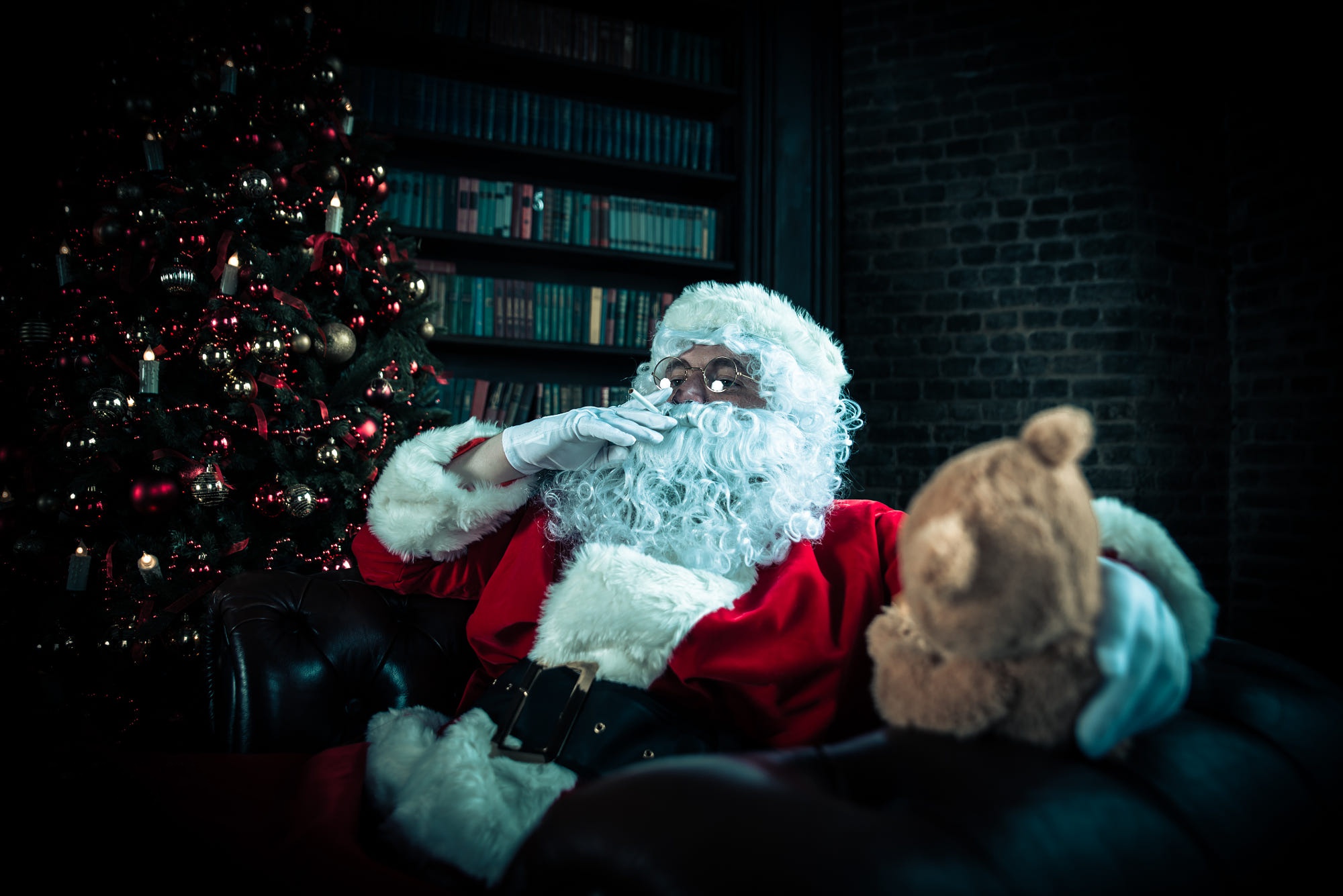 Santa Claus with Teddy Bear near Christmas Tree HD Wallpaper