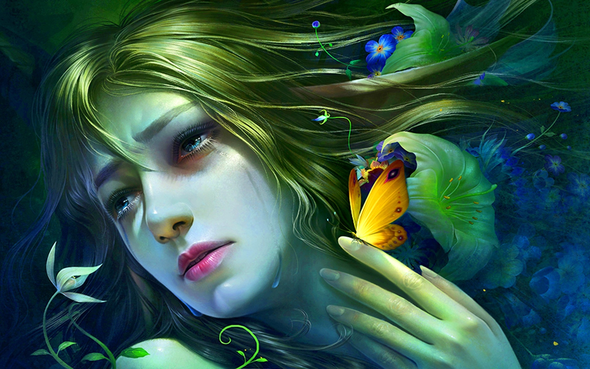 Fantasy woman with butterfly and flowers HD Wallpaper