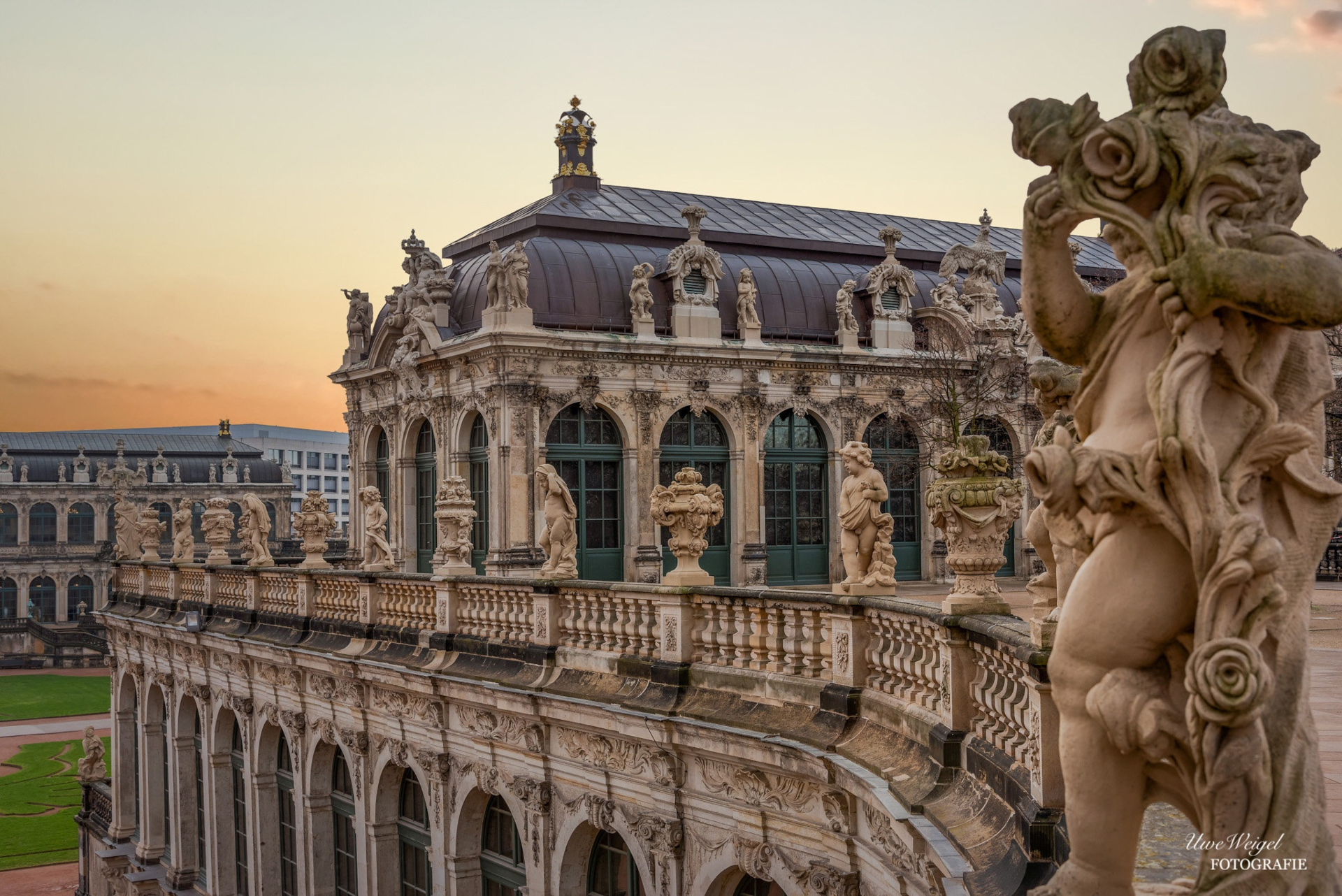 Dresdner Zwinger architecture with sculptures in Dresden, Germany HD Wallpaper