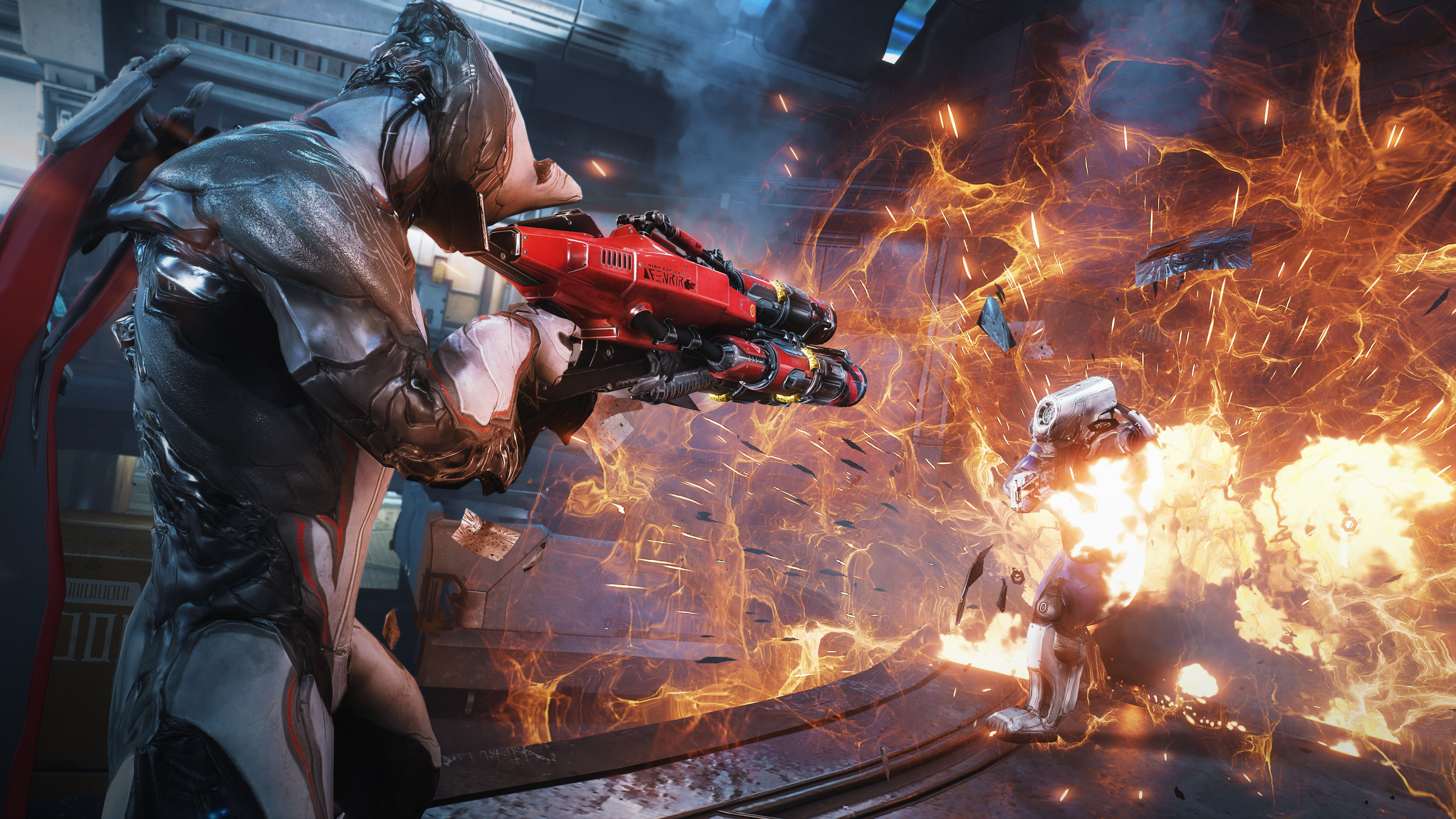 Warframe character firing a red weapon amidst an explosion HD Wallpaper