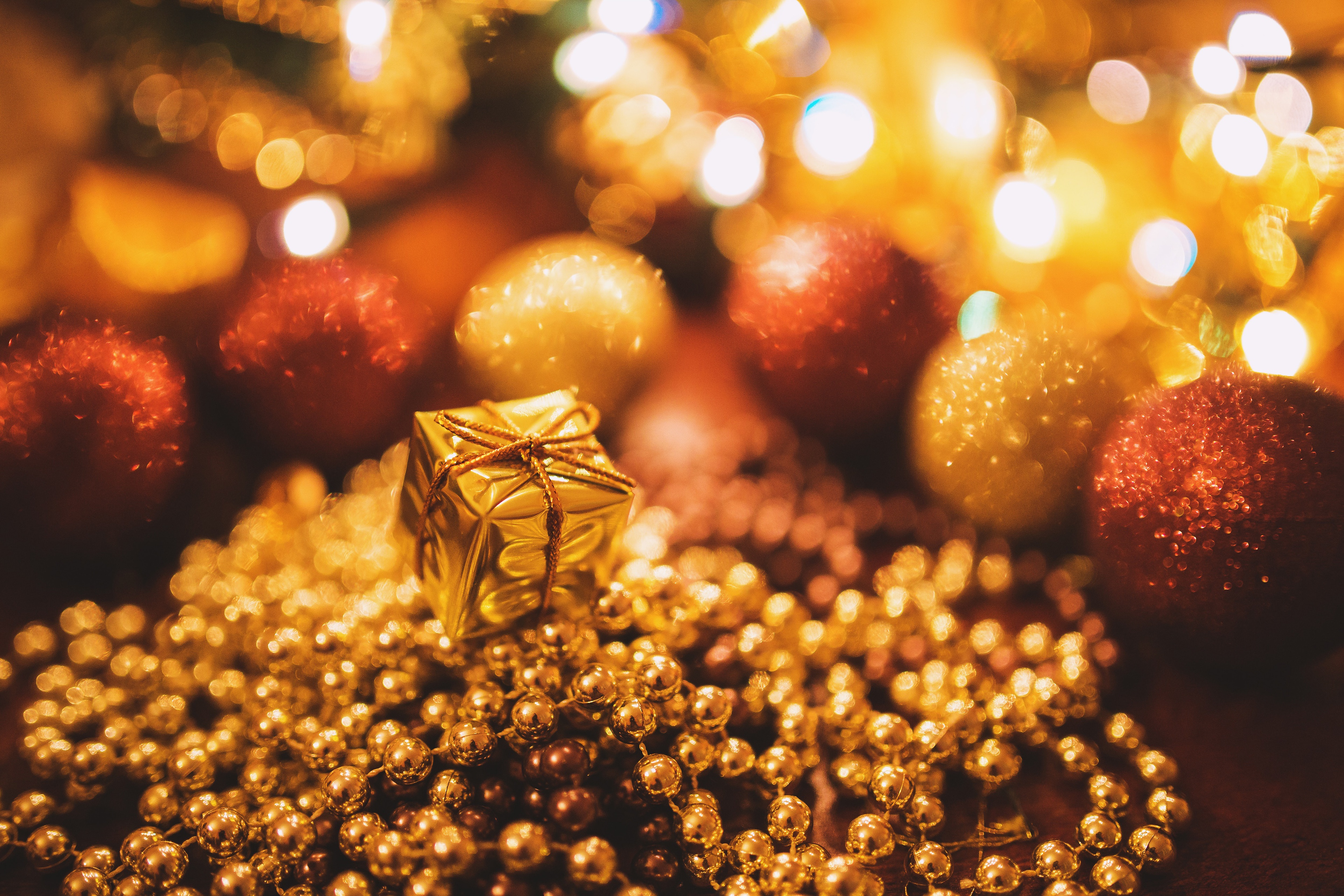 Christmas Ornaments and Gift with Bokeh Lights HD Wallpaper