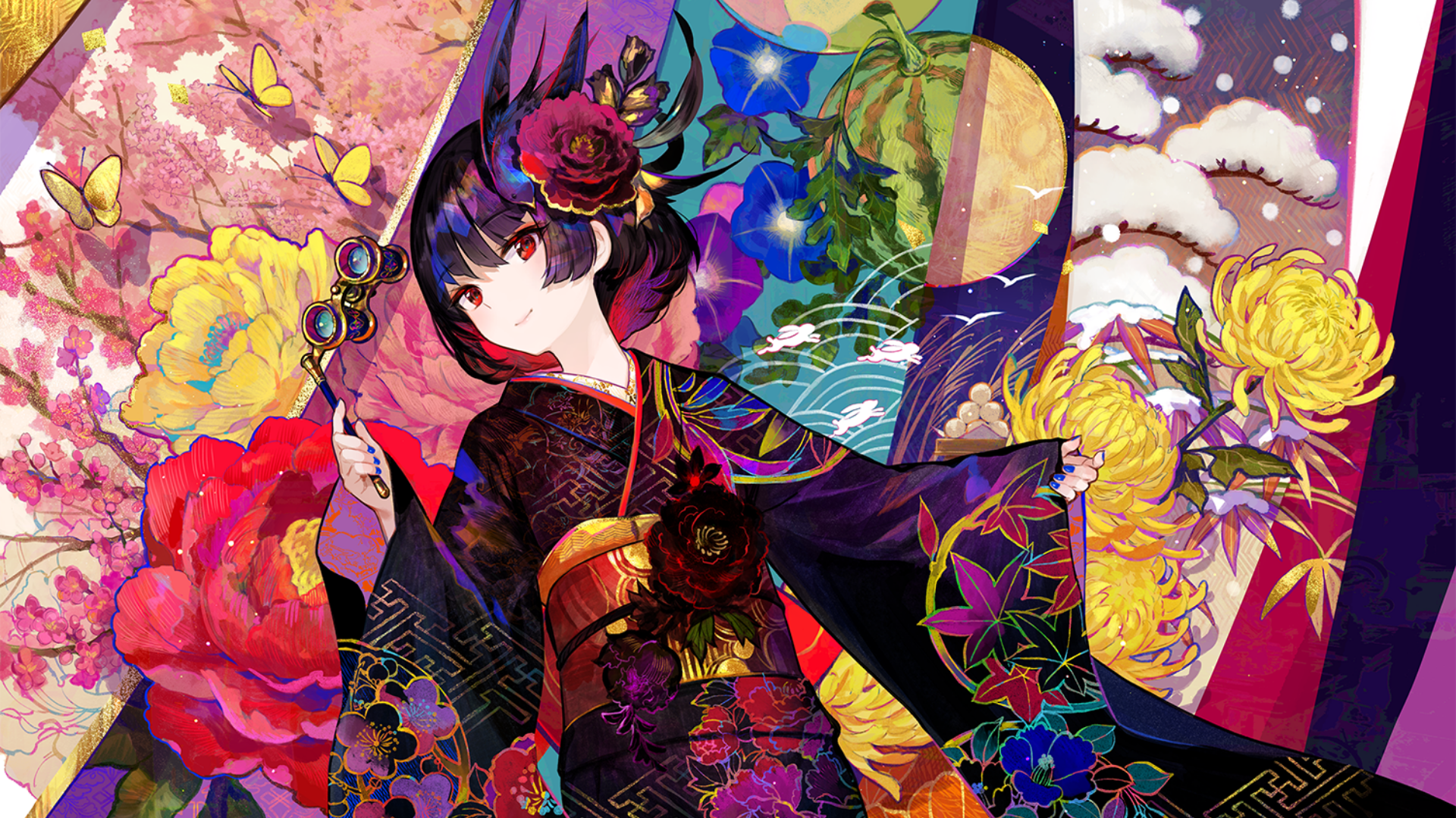 Girl in Kimono with Flowers and Butterflies HD Wallpaper