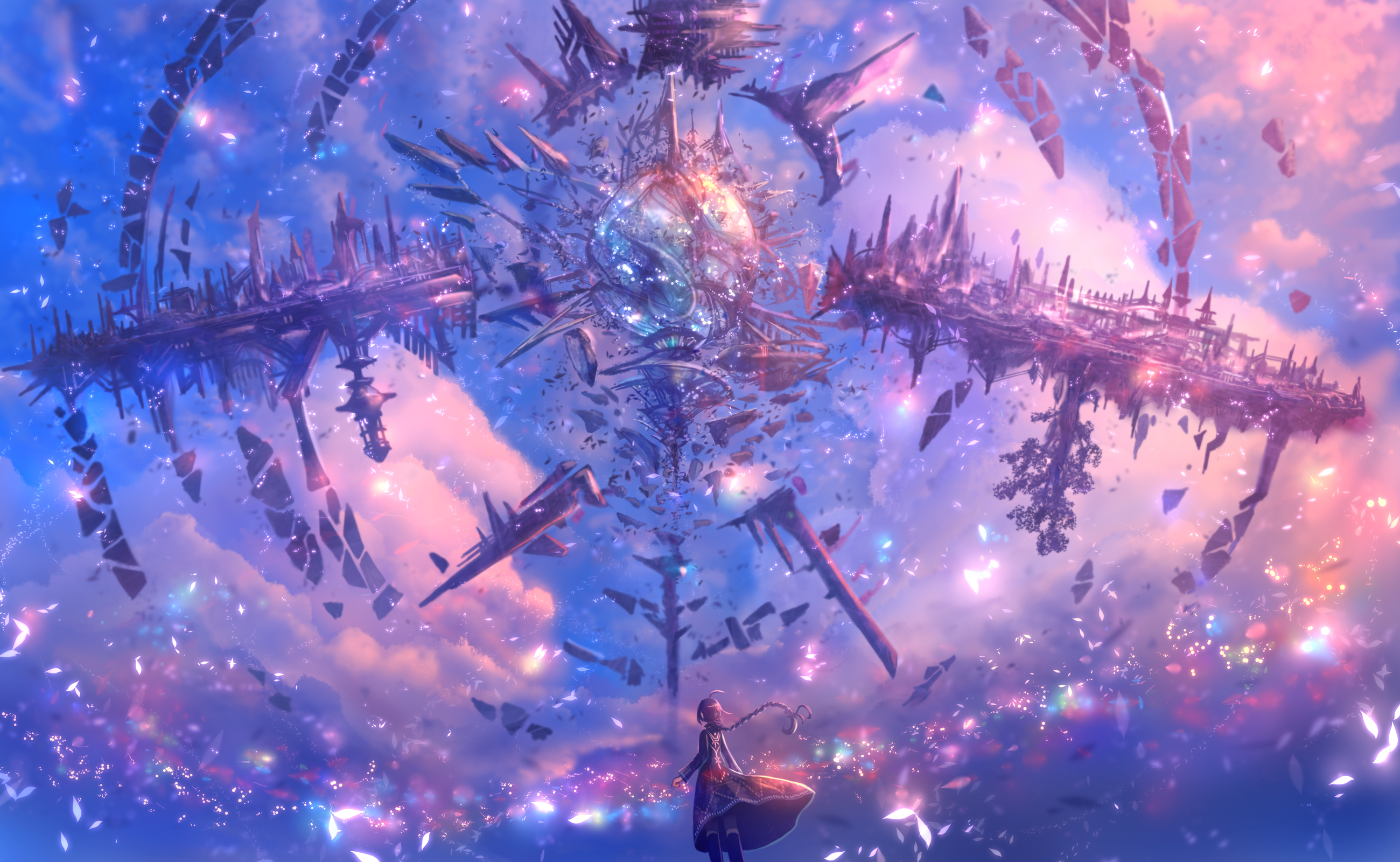 Fantasy floating islands with a girl looking up HD Wallpaper