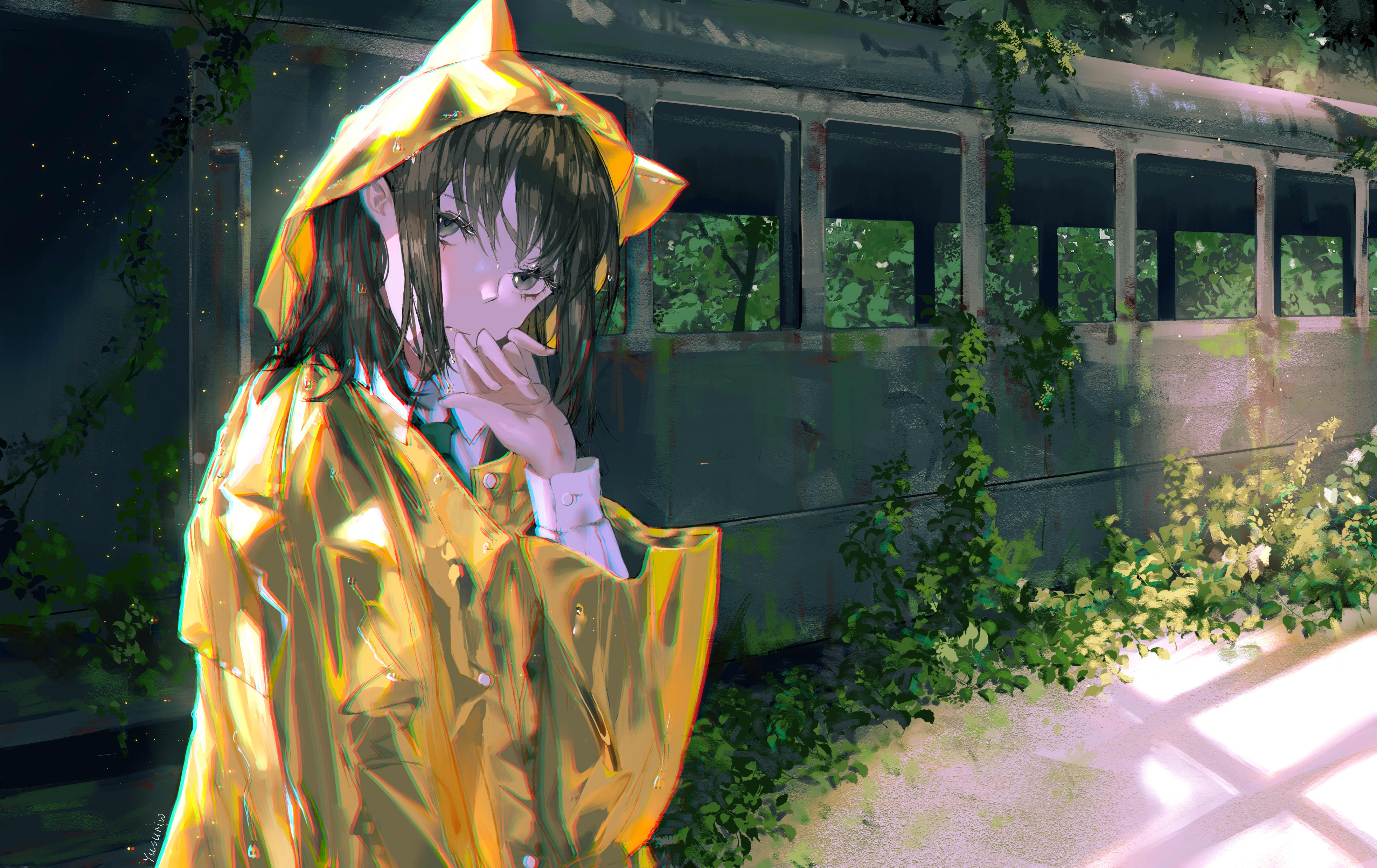 Girl in yellow raincoat by abandoned train HD Wallpaper