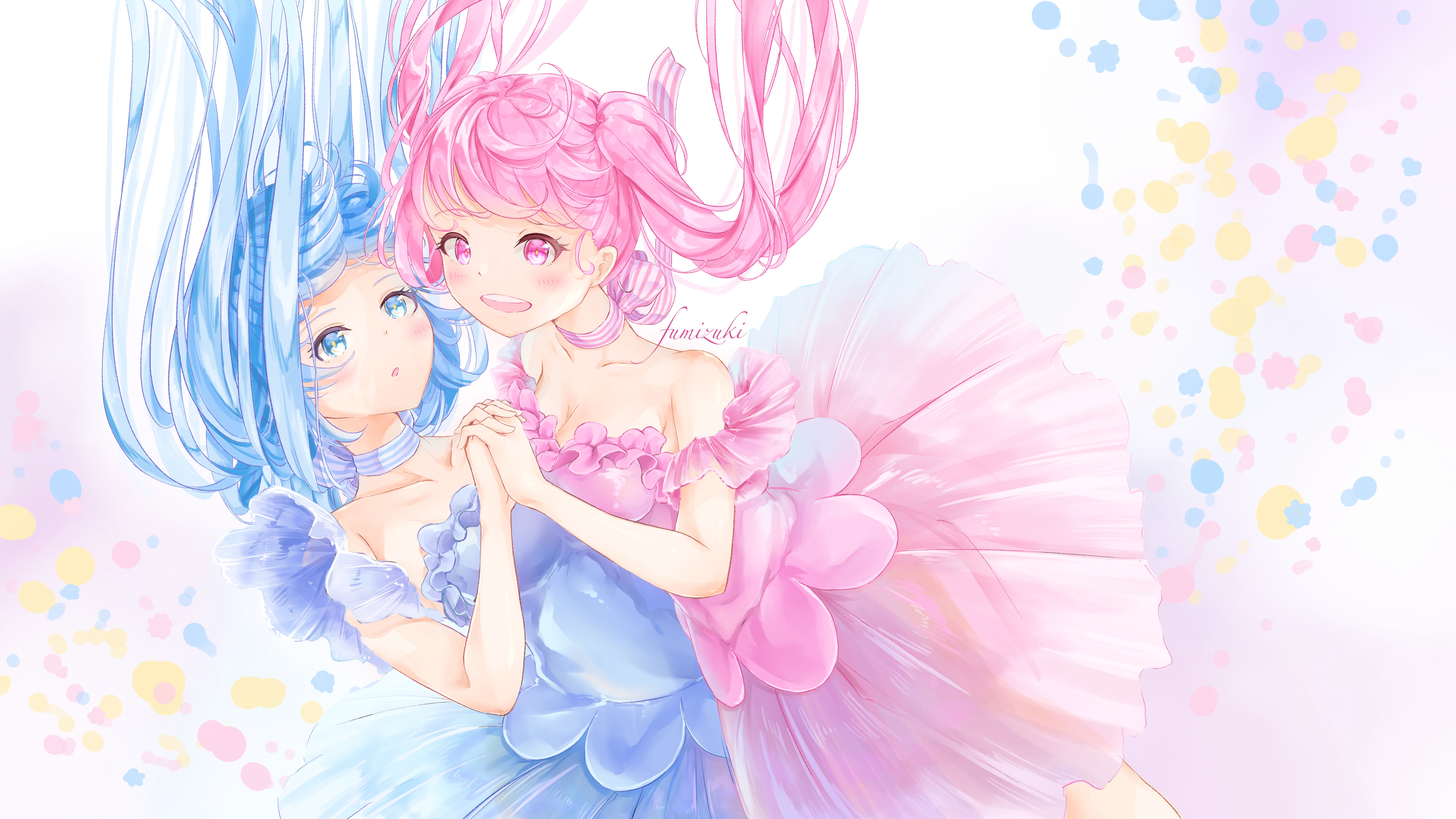 Two anime girls with blue and pink hair HD Wallpaper